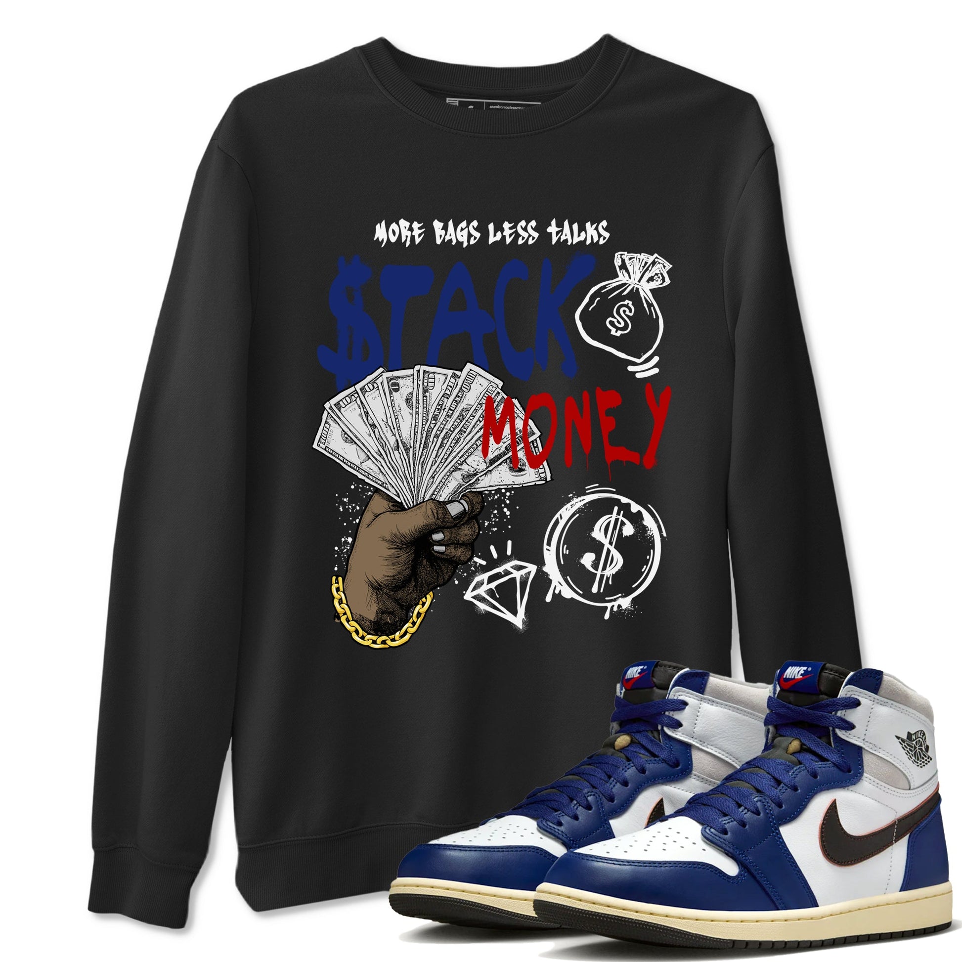 1s Rare Air shirts to match jordans Stack Money sneaker match tees Air Jordan 1 High OG Rare Air Deep Royal Blue match shoes to clothes SNRT Sneaker Tees unisex cotton Black 1 shirts