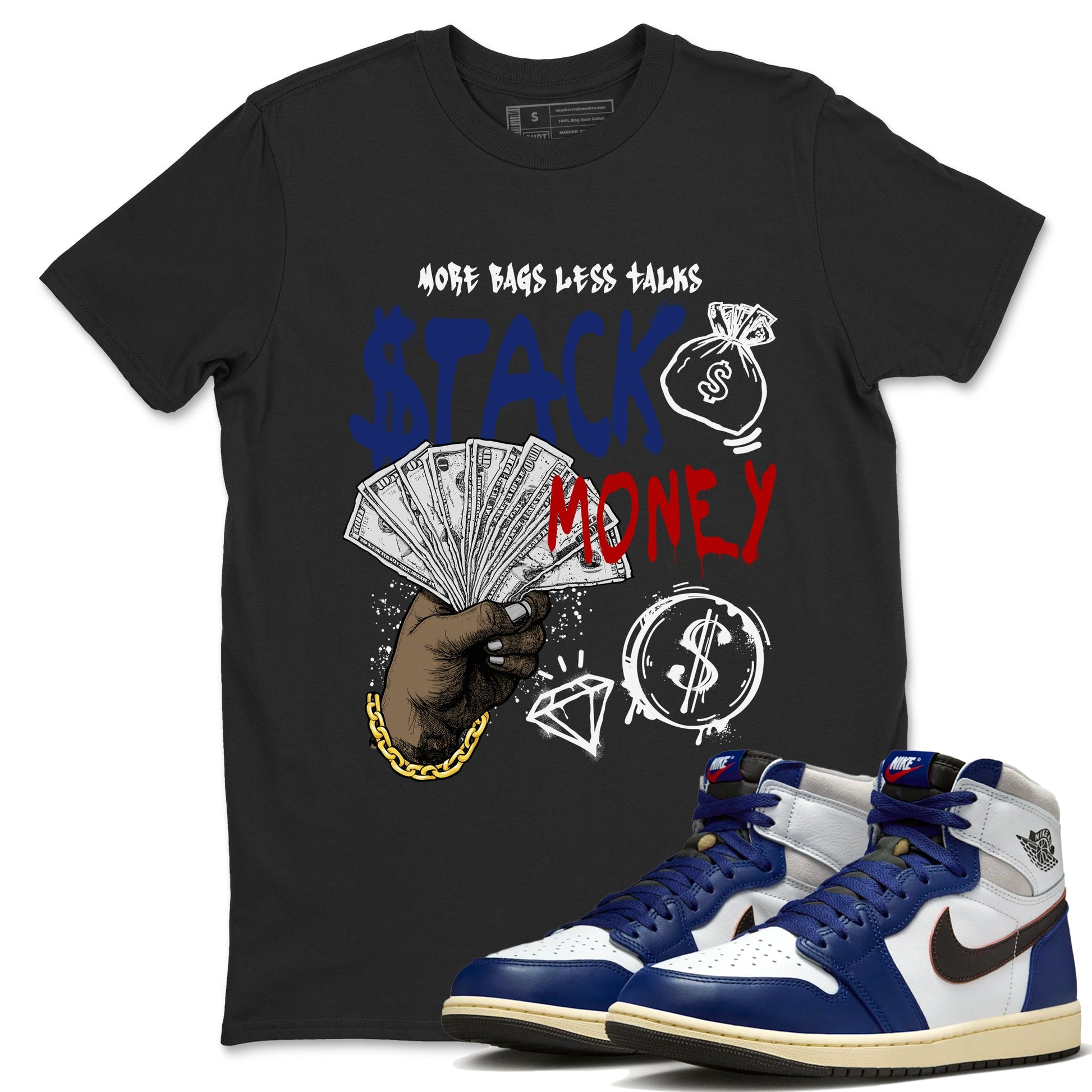 1s Rare Air shirts to match jordans Stack Money sneaker match tees Air Jordan 1 High OG Rare Air Deep Royal Blue match shoes to clothes SNRT Sneaker Tees unisex cotton Black 1 shirts