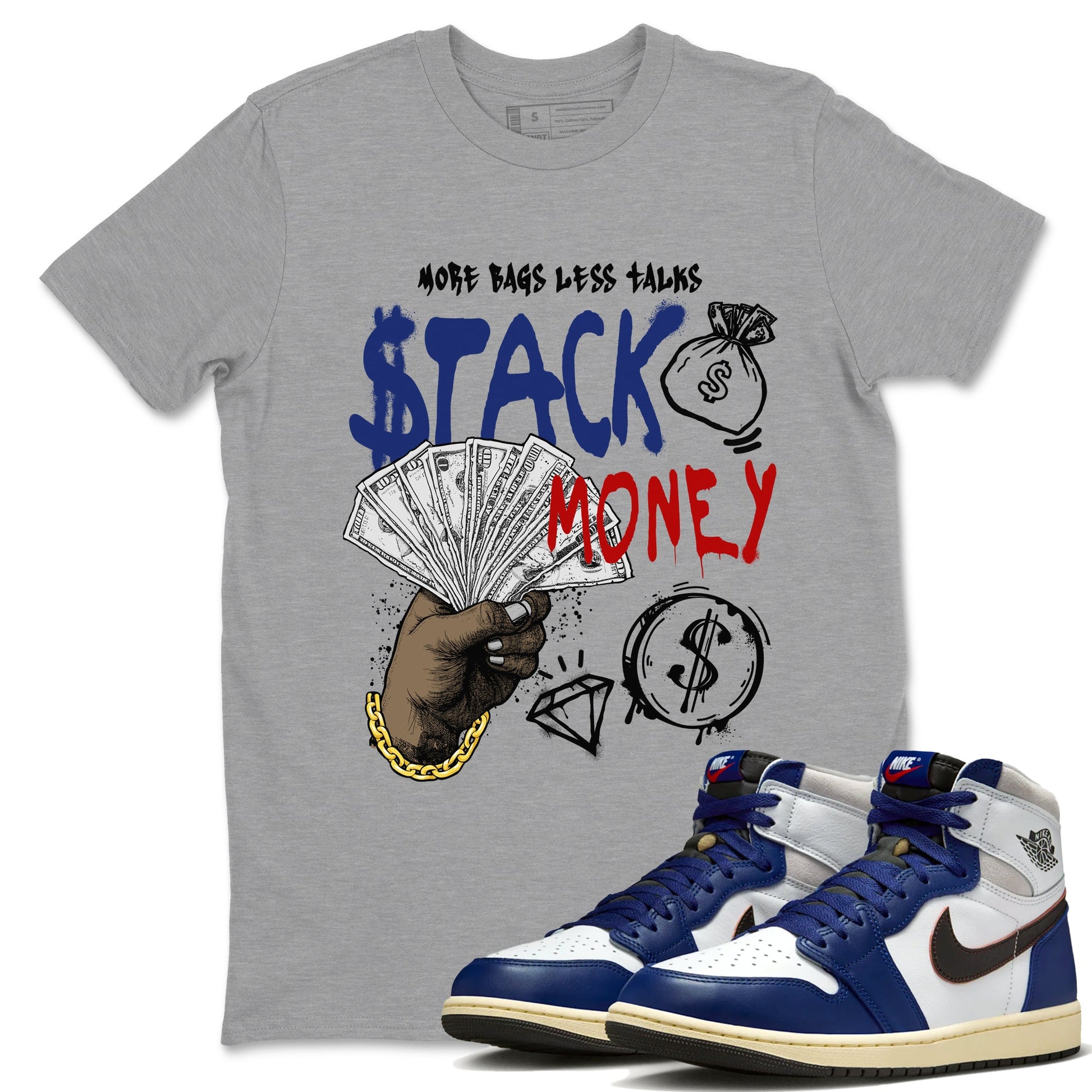 1s Rare Air shirts to match jordans Stack Money sneaker match tees Air Jordan 1 High OG Rare Air Deep Royal Blue match shoes to clothes SNRT Sneaker Tees unisex cotton Heather Grey 1 shirts