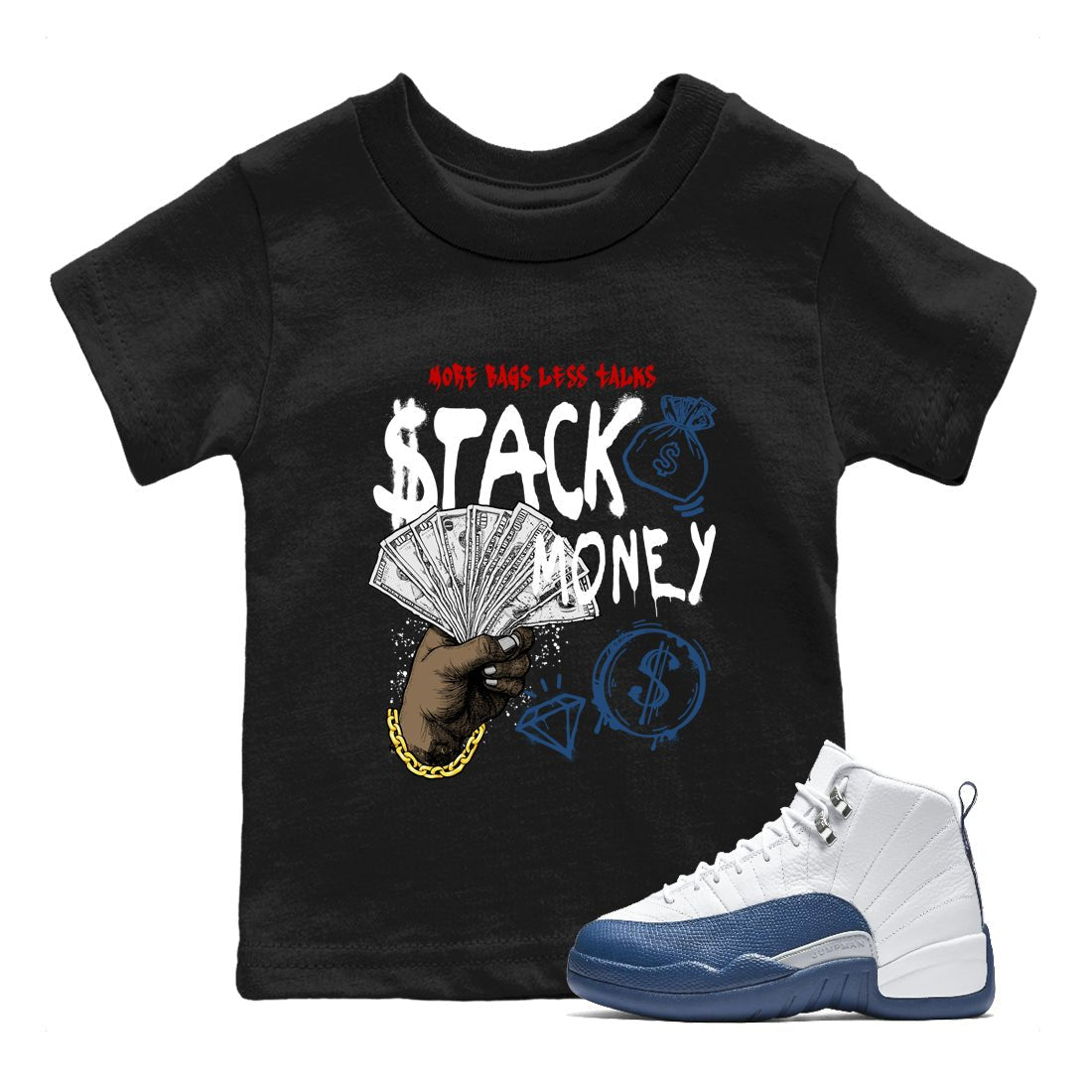 Sneaker match tees – Sneaker Tees To Match Air Jordan 12 French Blue Shoes – Stack Money Kids T-Shirt Black 1