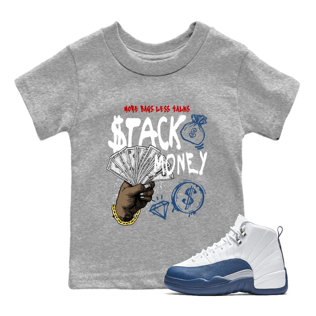 Sneaker match tees – Sneaker Tees To Match Air Jordan 12 French Blue Shoes – Stack Money Kids T-Shirt Heather Grey 1