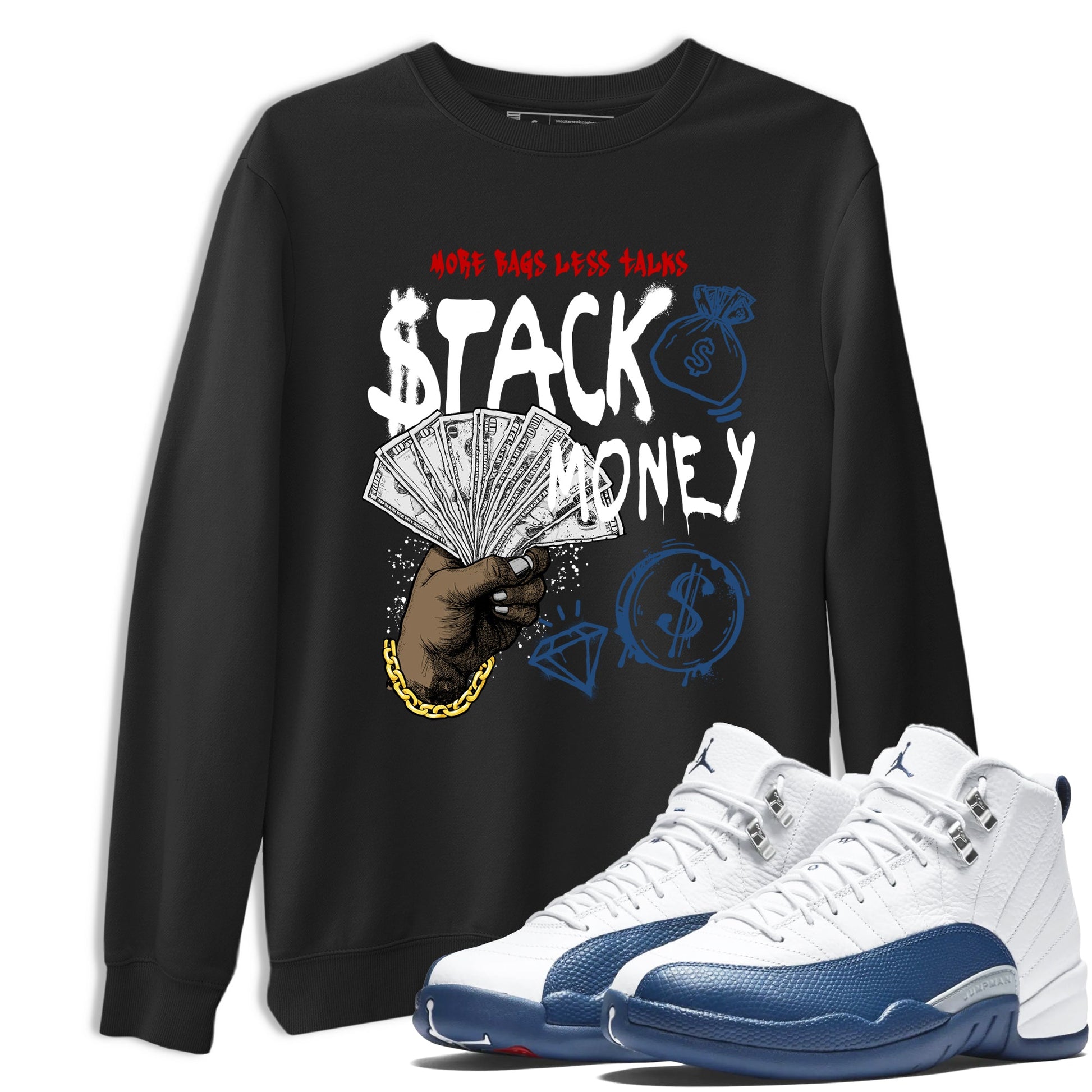 Sneaker match tees – Sneaker Tees To Match Air Jordan 12 French Blue Shoes – Stack Money Tee Black 1