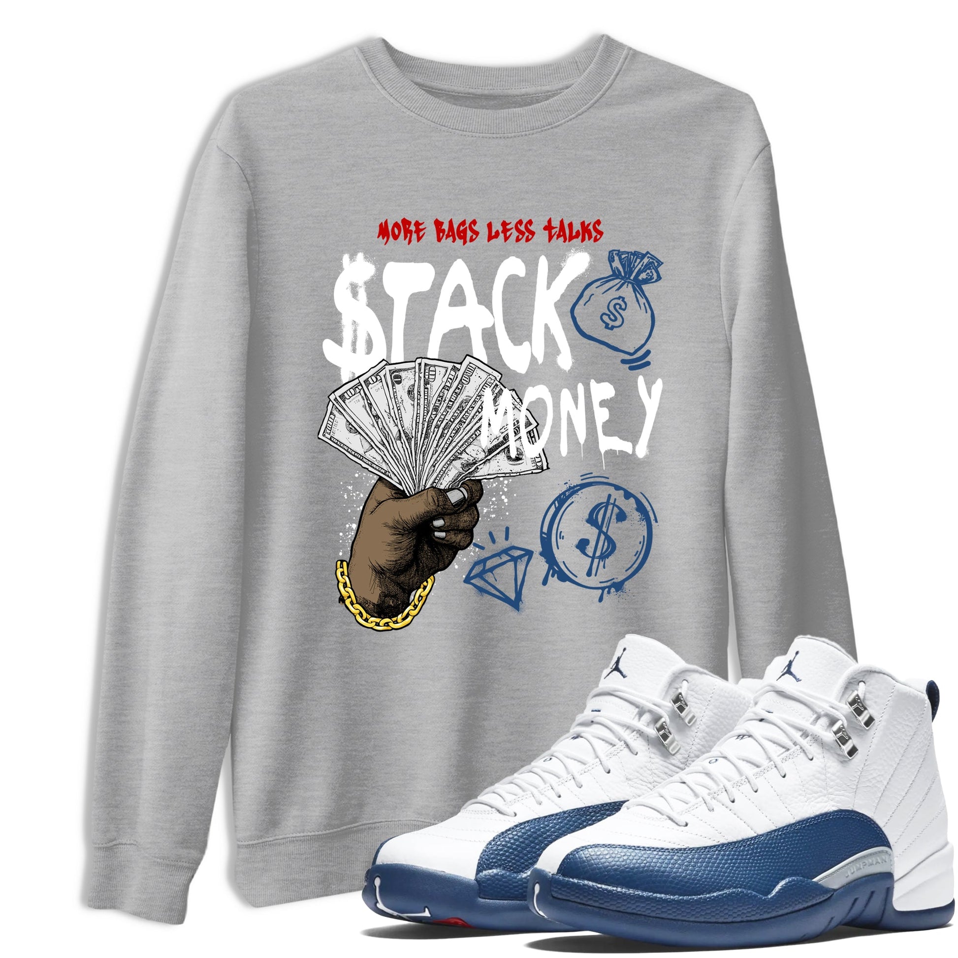 Sneaker match tees – Sneaker Tees To Match Air Jordan 12 French Blue Shoes – Stack Money Tee Heather Grey 1