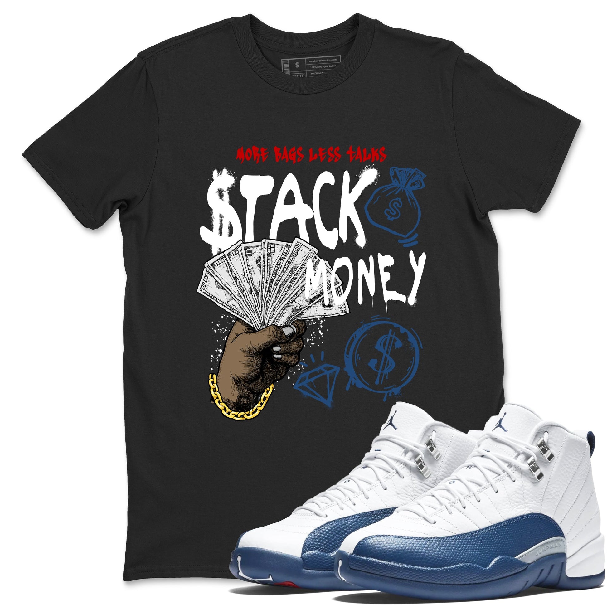 Sneaker match tees – Sneaker Tees To Match Air Jordan 12 French Blue Shoes – Stack Money Tee Black 1