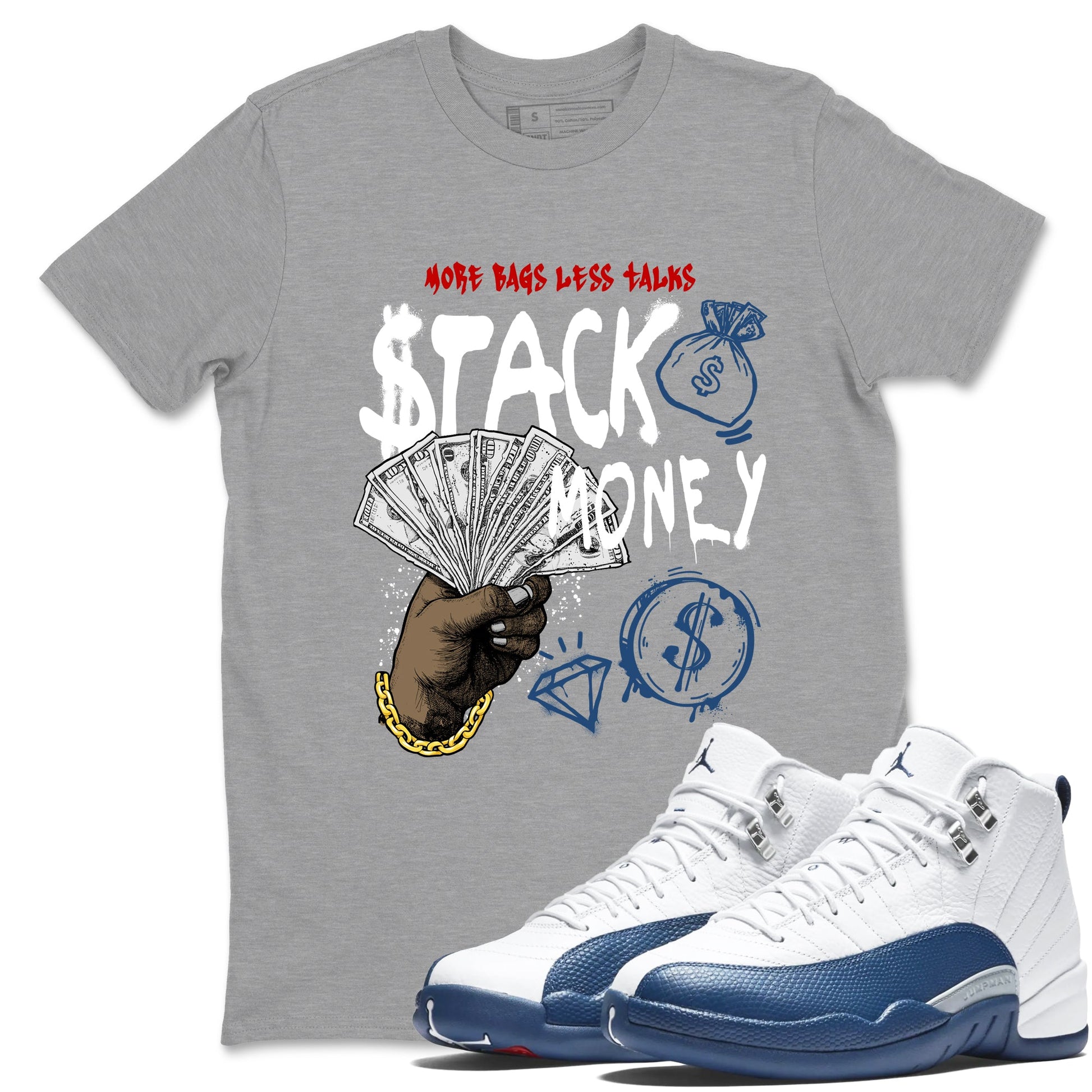 Sneaker match tees – Sneaker Tees To Match Air Jordan 12 French Blue Shoes – Stack Money Tee Heather Grey 1