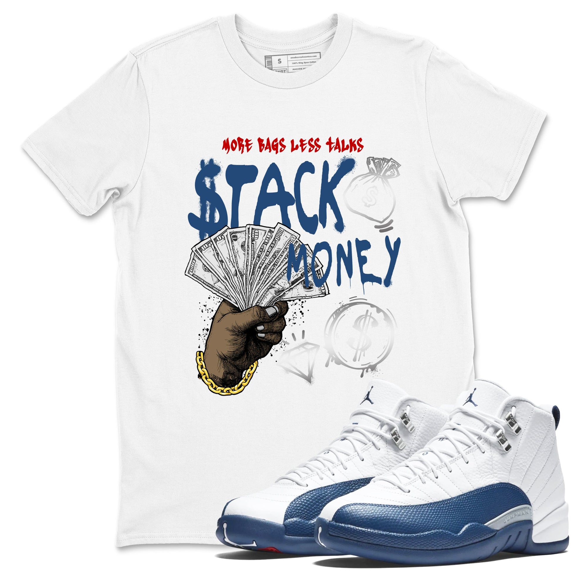 Sneaker match tees – Sneaker Tees To Match Air Jordan 12 French Blue Shoes – Stack Money Tee White 1
