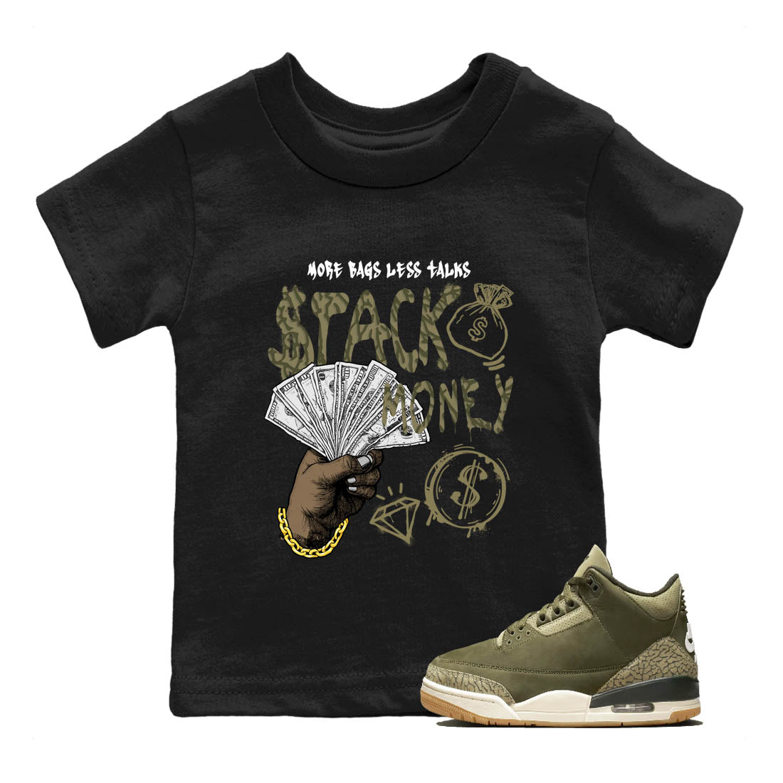 Sneaker Threads – Sneaker Tees To Match Air Jordan 3 Medium Olive – Stack Money Youth Graphic Tee Black 1. Perfect for Jordan releases 2025 colorways.