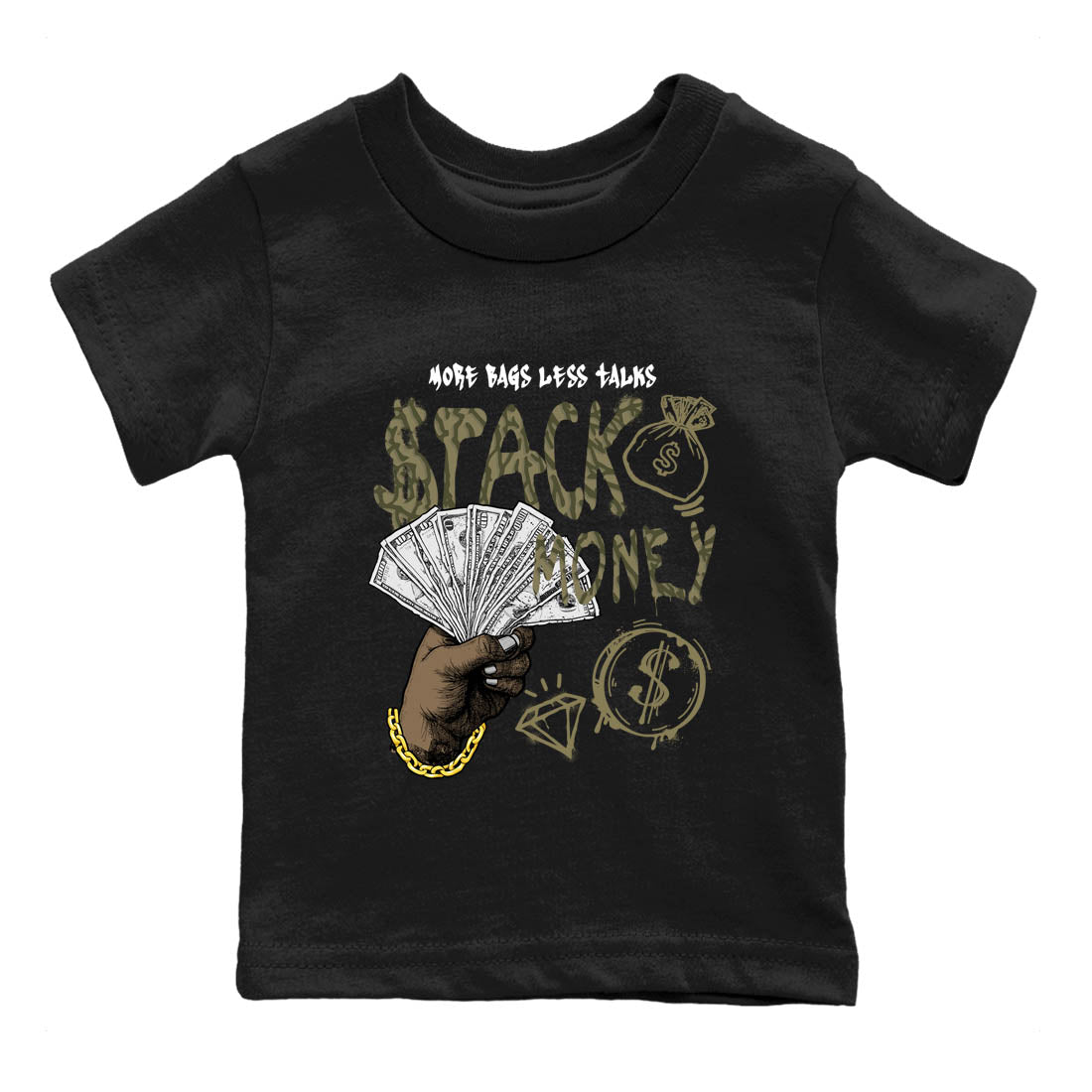Sneaker Threads – Sneaker Tees To Match Air Jordan 3 Medium Olive – Stack Money Youth Graphic Tee Black 2. Perfect for Jordan releases 2025 colorways.
