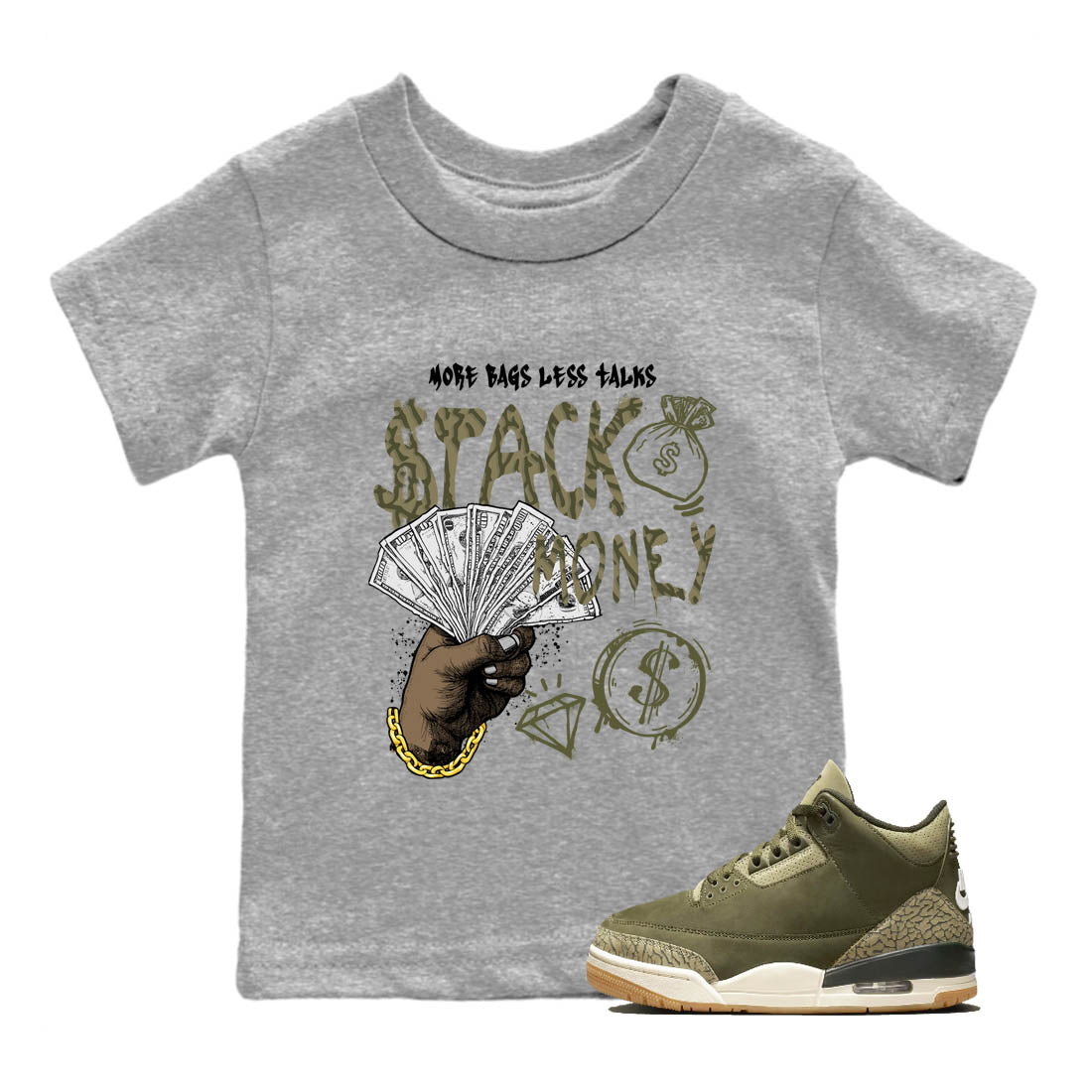 Sneaker Threads – Sneaker Tees To Match Air Jordan 3 Medium Olive – Stack Money Youth Graphic Tee Heather Grey 1. Perfect for Jordan releases 2025 colorways.