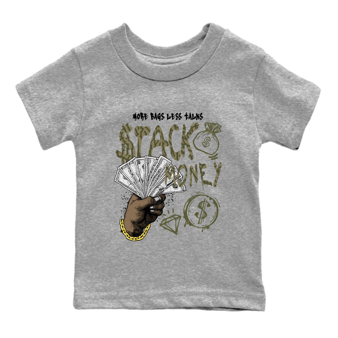 Sneaker Threads – Sneaker Tees To Match Air Jordan 3 Medium Olive – Stack Money Youth Graphic Tee Heather Grey 2. Perfect for Jordan releases 2025 colorways.