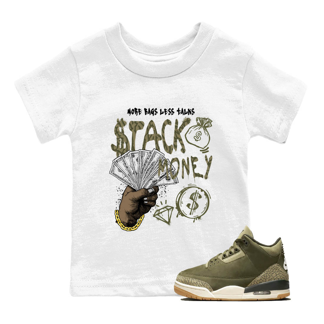 Sneaker Threads – Sneaker Tees To Match Air Jordan 3 Medium Olive – Stack Money Youth Graphic Tee White 1. Perfect for Jordan releases 2025 colorways.