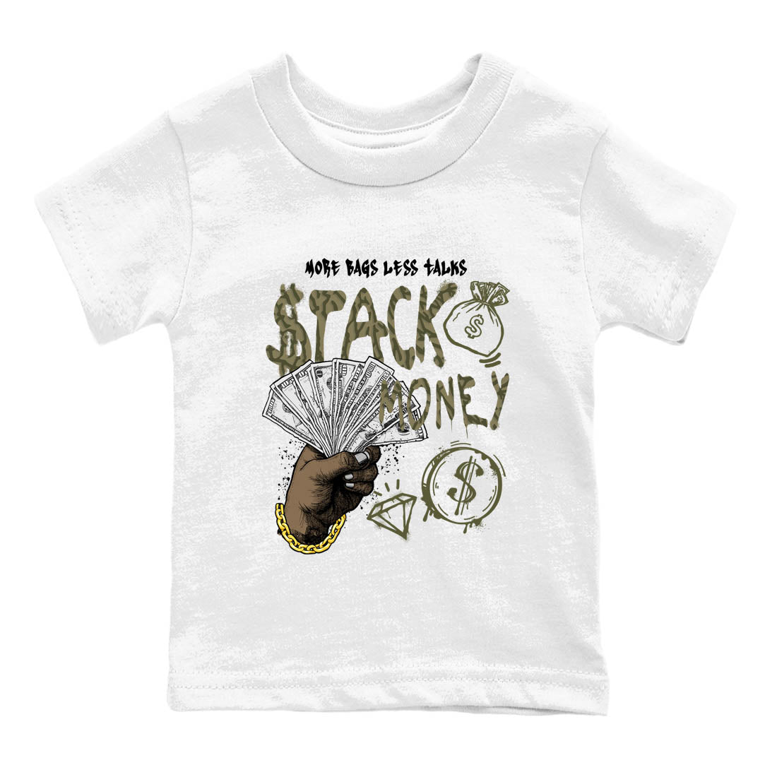 Sneaker Threads – Sneaker Tees To Match Air Jordan 3 Medium Olive – Stack Money Youth Graphic Tee White 2. Perfect for Jordan releases 2025 colorways.