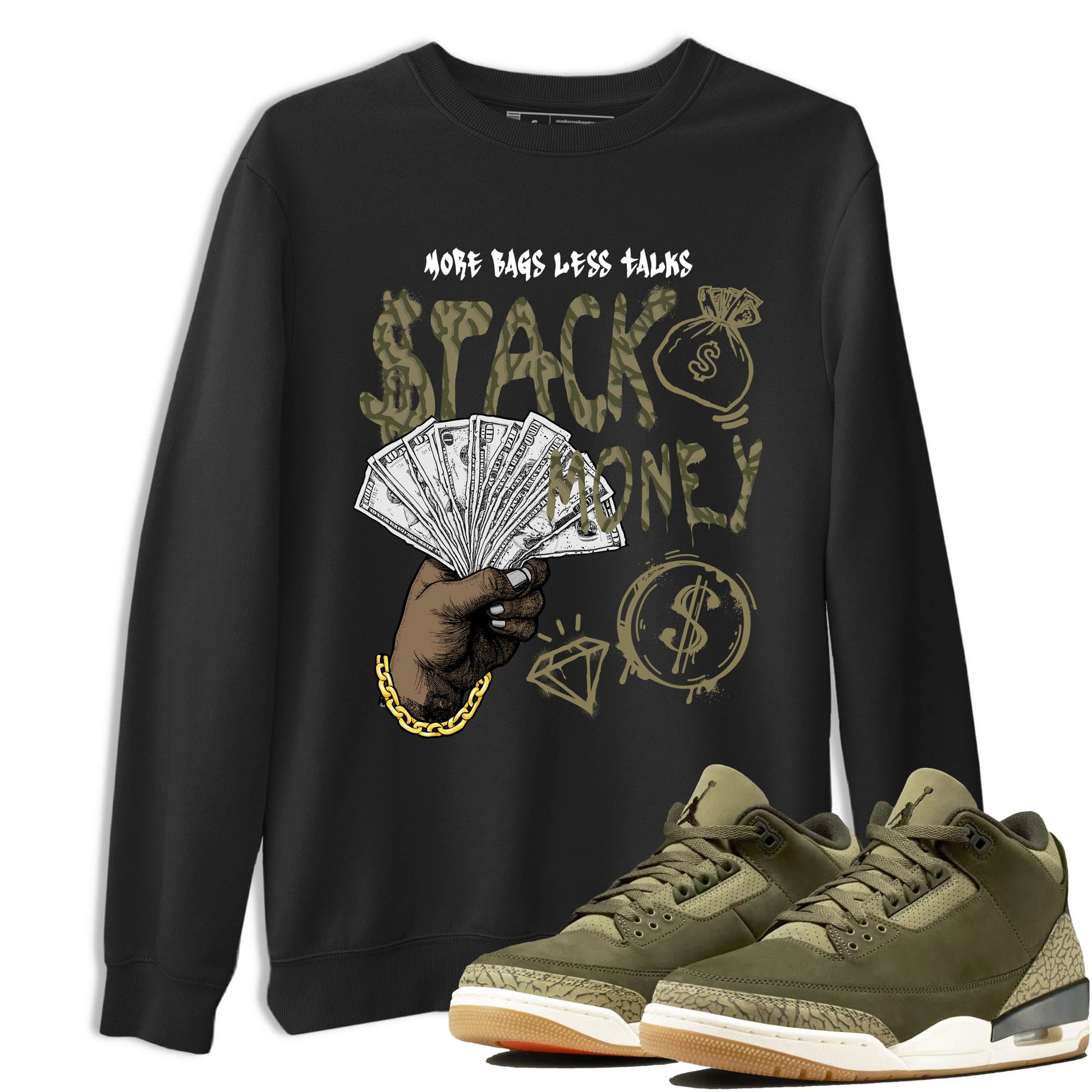 Sneaker Threads – Sneaker Tees To Match Air Jordan 3 Medium Olive – Stack Money Graphic Tee Black 1. Perfect for Jordan releases 2025 colorways.