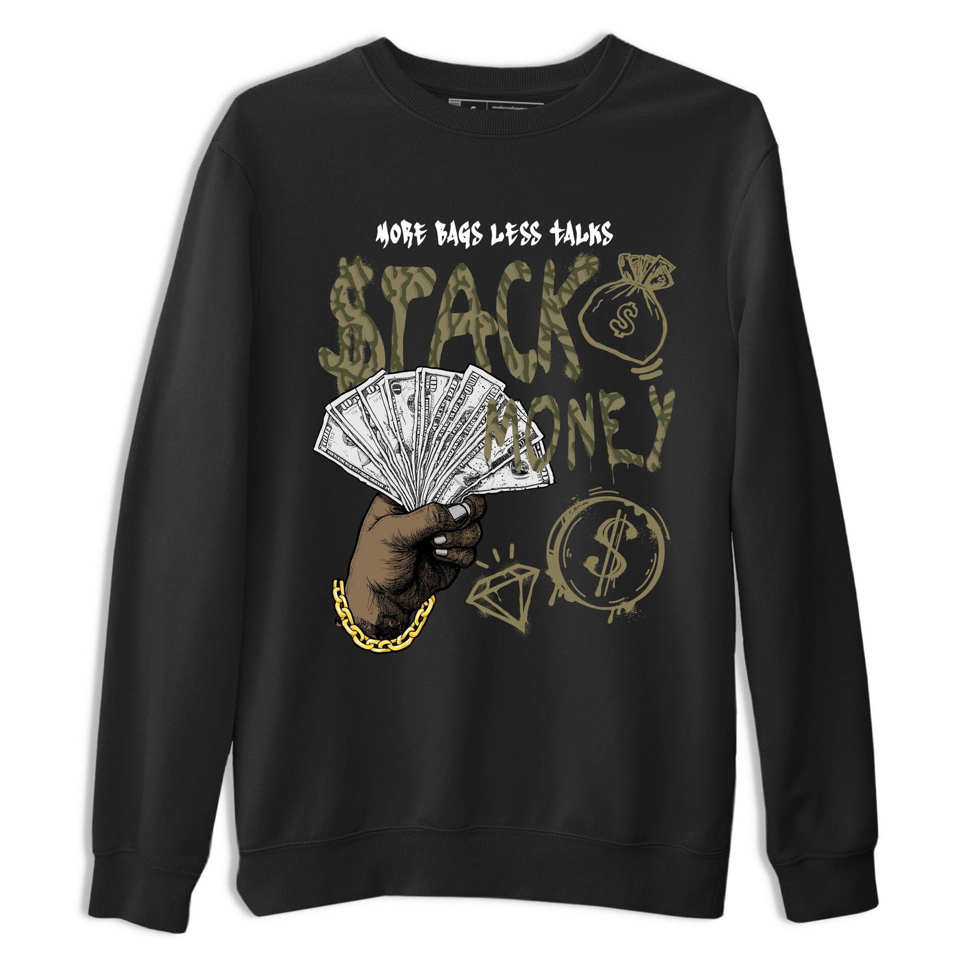 Sneaker Threads – Sneaker Tees To Match Air Jordan 3 Medium Olive – Stack Money Graphic Tee Black 2. Perfect for Jordan releases 2025 colorways.