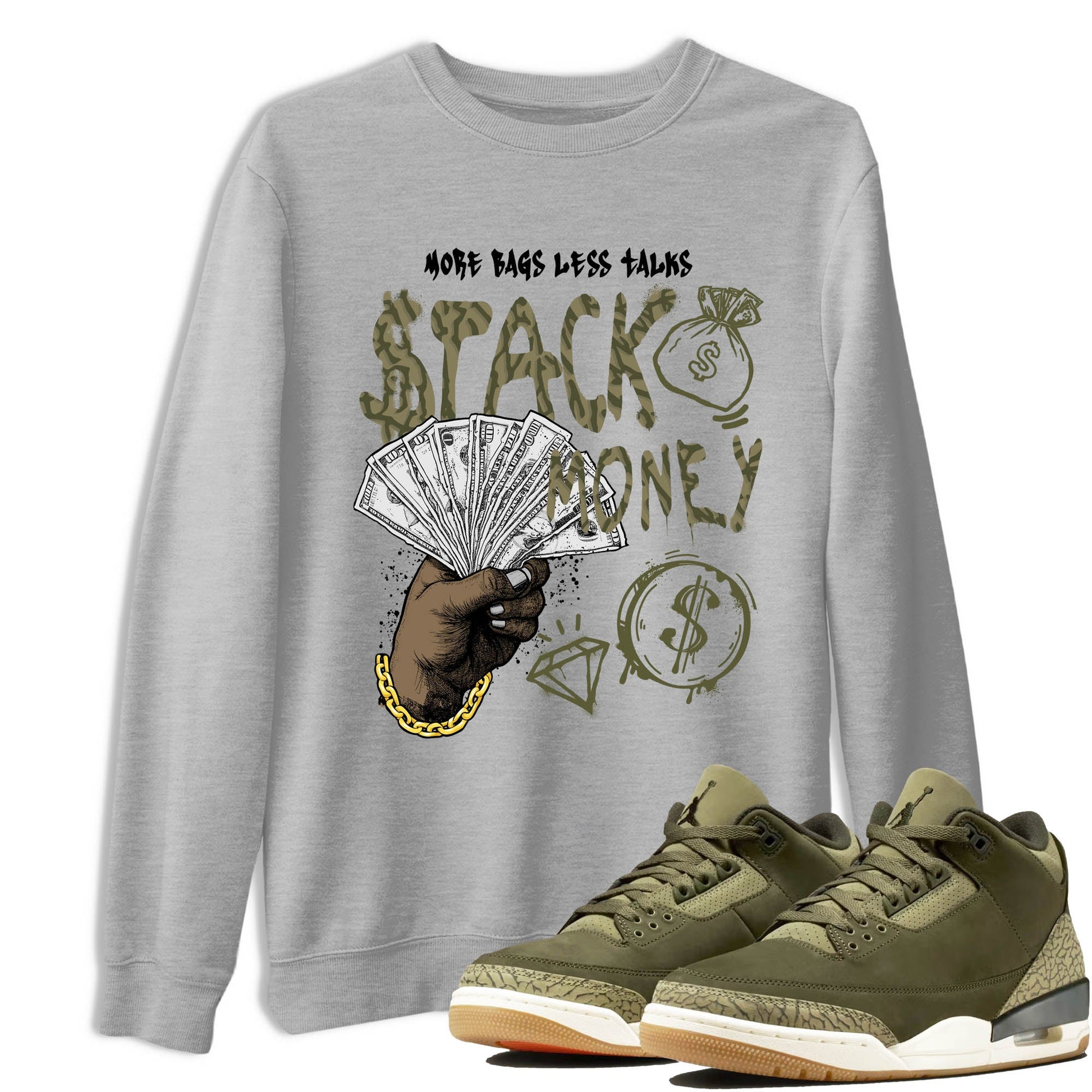 Sneaker Threads – Sneaker Tees To Match Air Jordan 3 Medium Olive – Stack Money Graphic Tee Heather Grey 1. Perfect for Jordan releases 2025 colorways.
