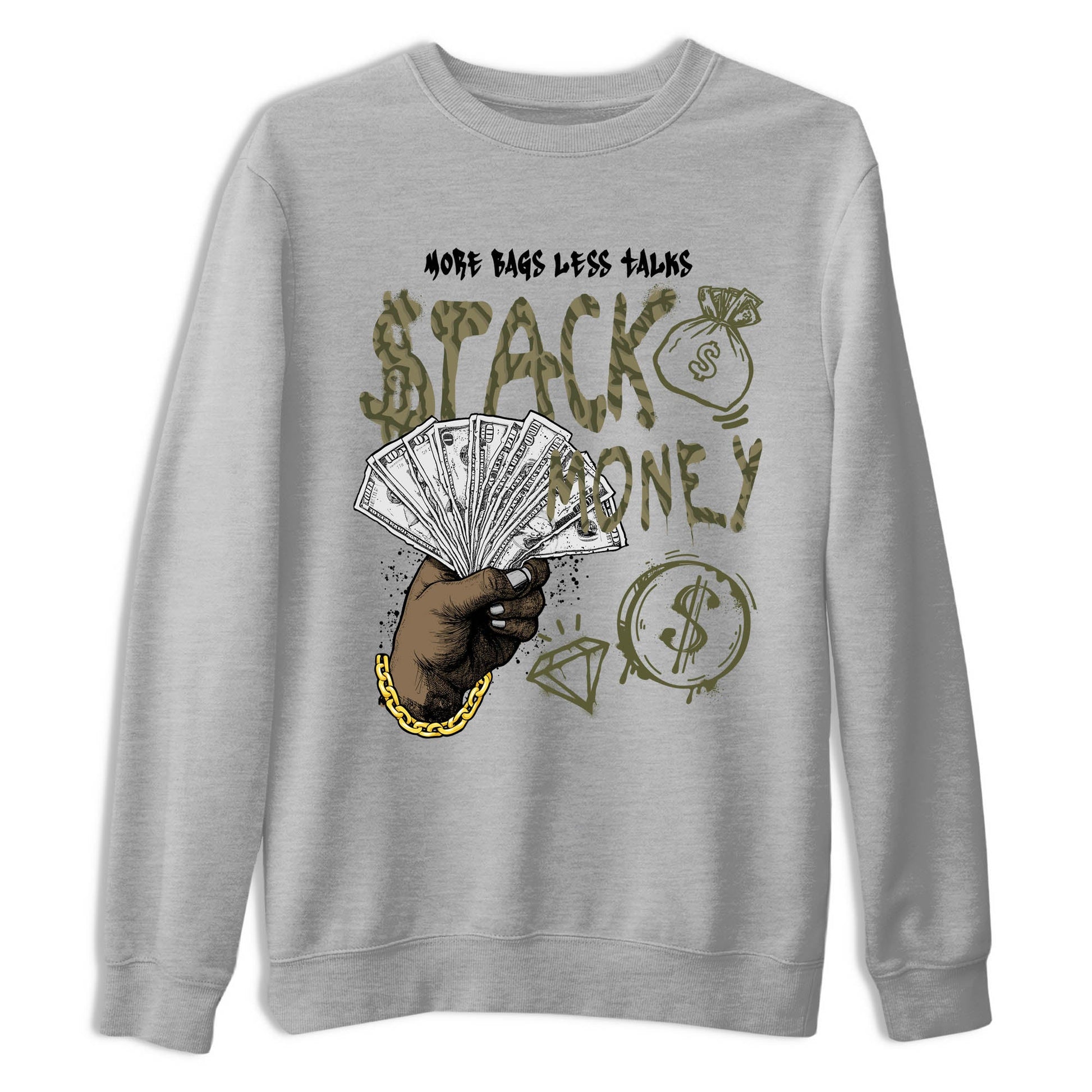 Sneaker Threads – Sneaker Tees To Match Air Jordan 3 Medium Olive – Stack Money Graphic Tee Heather Grey 2. Perfect for Jordan releases 2025 colorways.