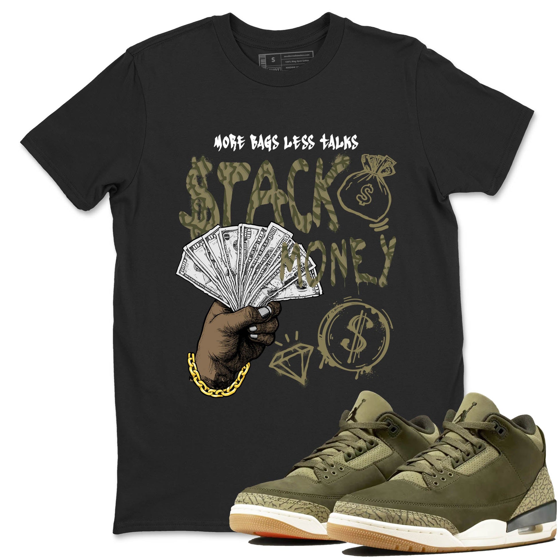 Sneaker Threads – Sneaker Tees To Match Air Jordan 3 Medium Olive – Stack Money Graphic Tee Black 1. Perfect for Jordan releases 2025 colorways.