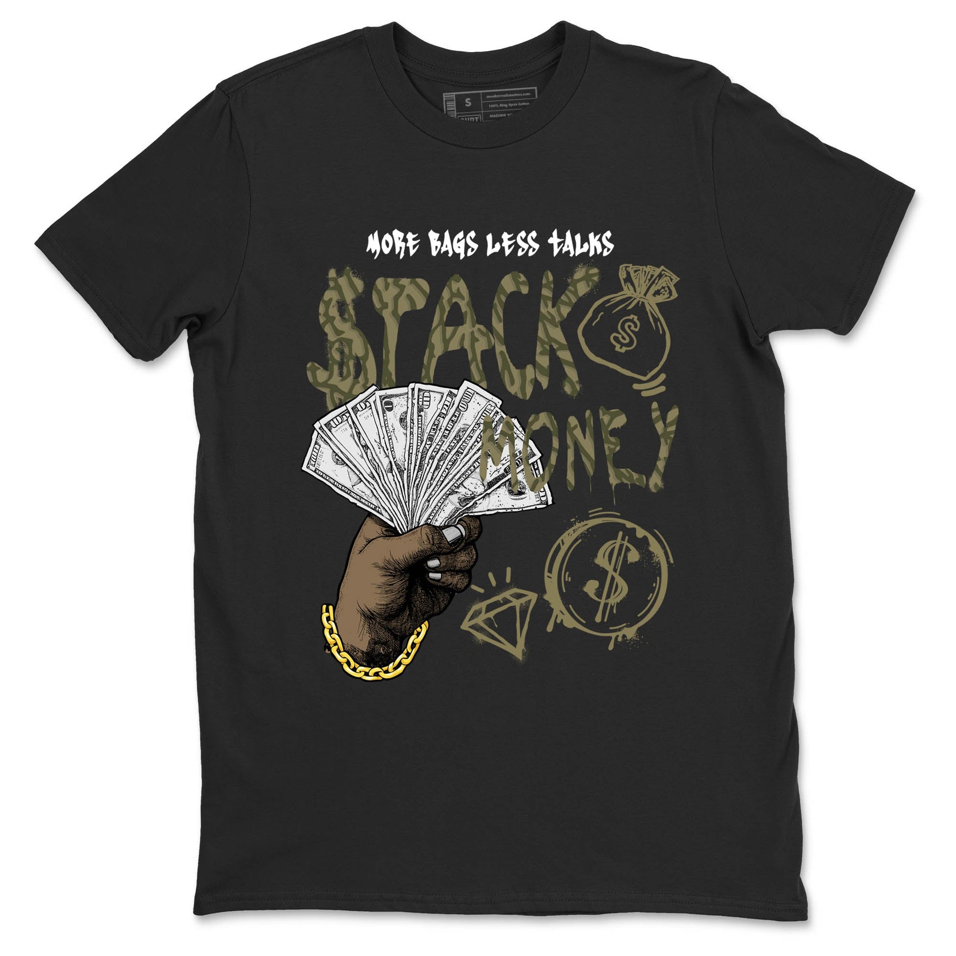 Sneaker Threads – Sneaker Tees To Match Air Jordan 3 Medium Olive – Stack Money Graphic Tee Black 2. Perfect for Jordan releases 2025 colorways.