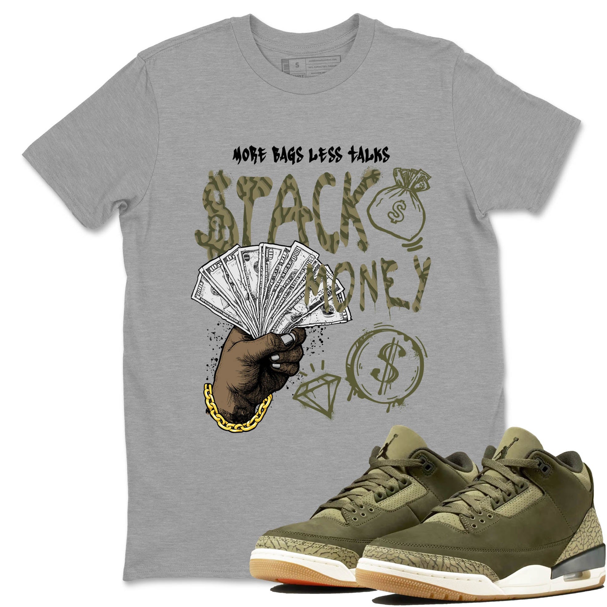 Sneaker Threads – Sneaker Tees To Match Air Jordan 3 Medium Olive – Stack Money Graphic Tee Heather Grey 1. Perfect for Jordan releases 2025 colorways.