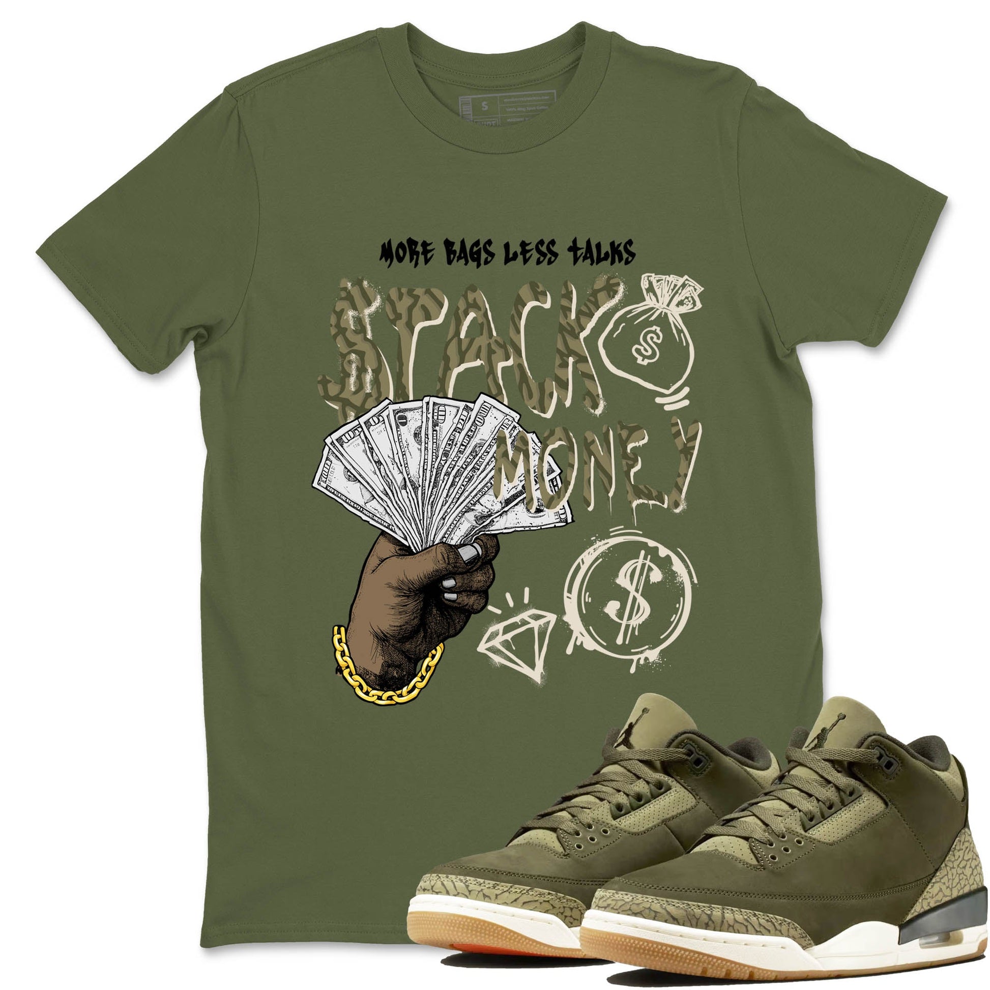 Sneaker Threads – Sneaker Tees To Match Air Jordan 3 Medium Olive – Stack Money Graphic Tee Military Green 1. Perfect for Jordan releases 2025 colorways.