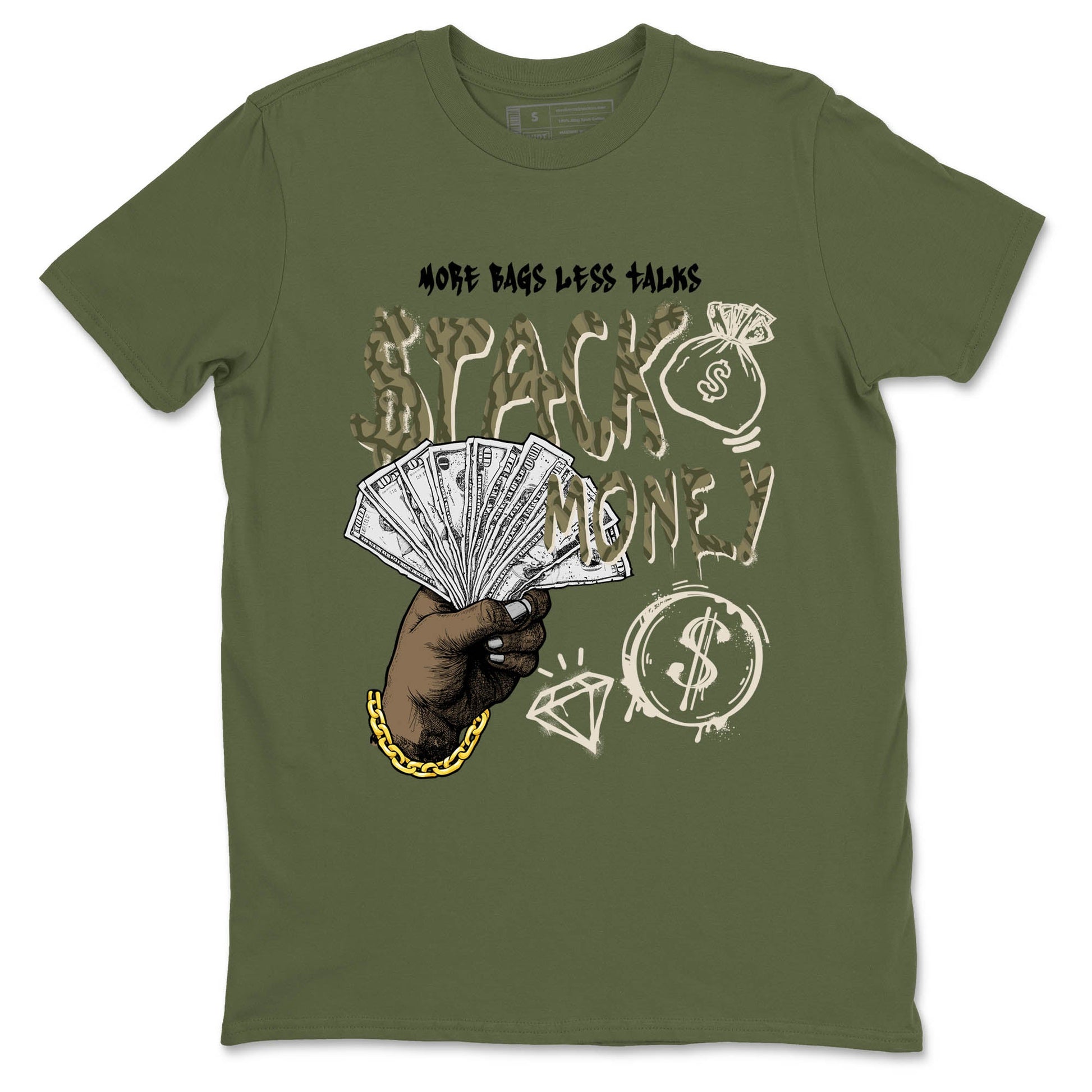 Sneaker Threads – Sneaker Tees To Match Air Jordan 3 Medium Olive – Stack Money Graphic Tee Military Green 2. Perfect for Jordan releases 2025 colorways.