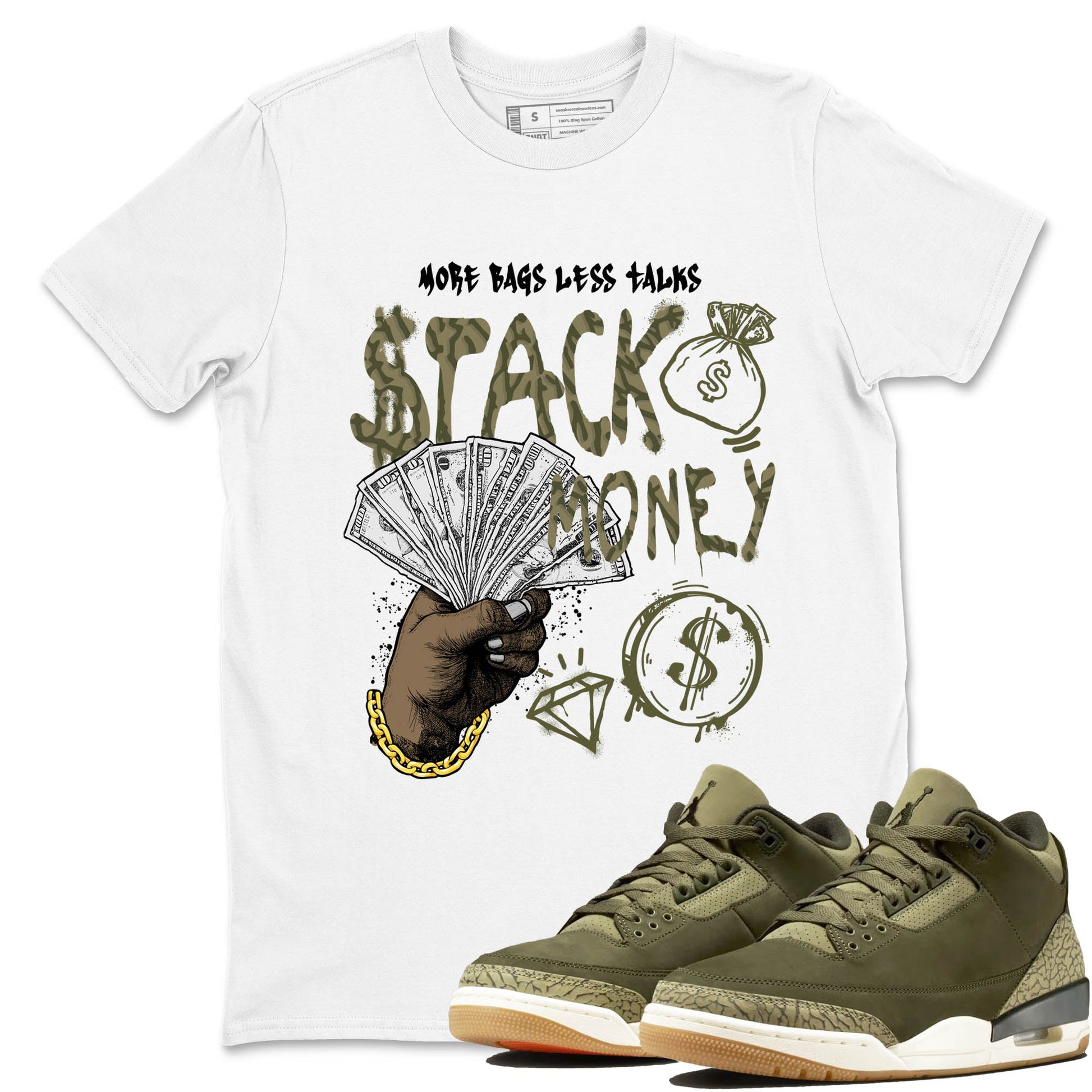 Sneaker Threads – Sneaker Tees To Match Air Jordan 3 Medium Olive – Stack Money Graphic Tee White 1. Perfect for Jordan releases 2025 colorways.