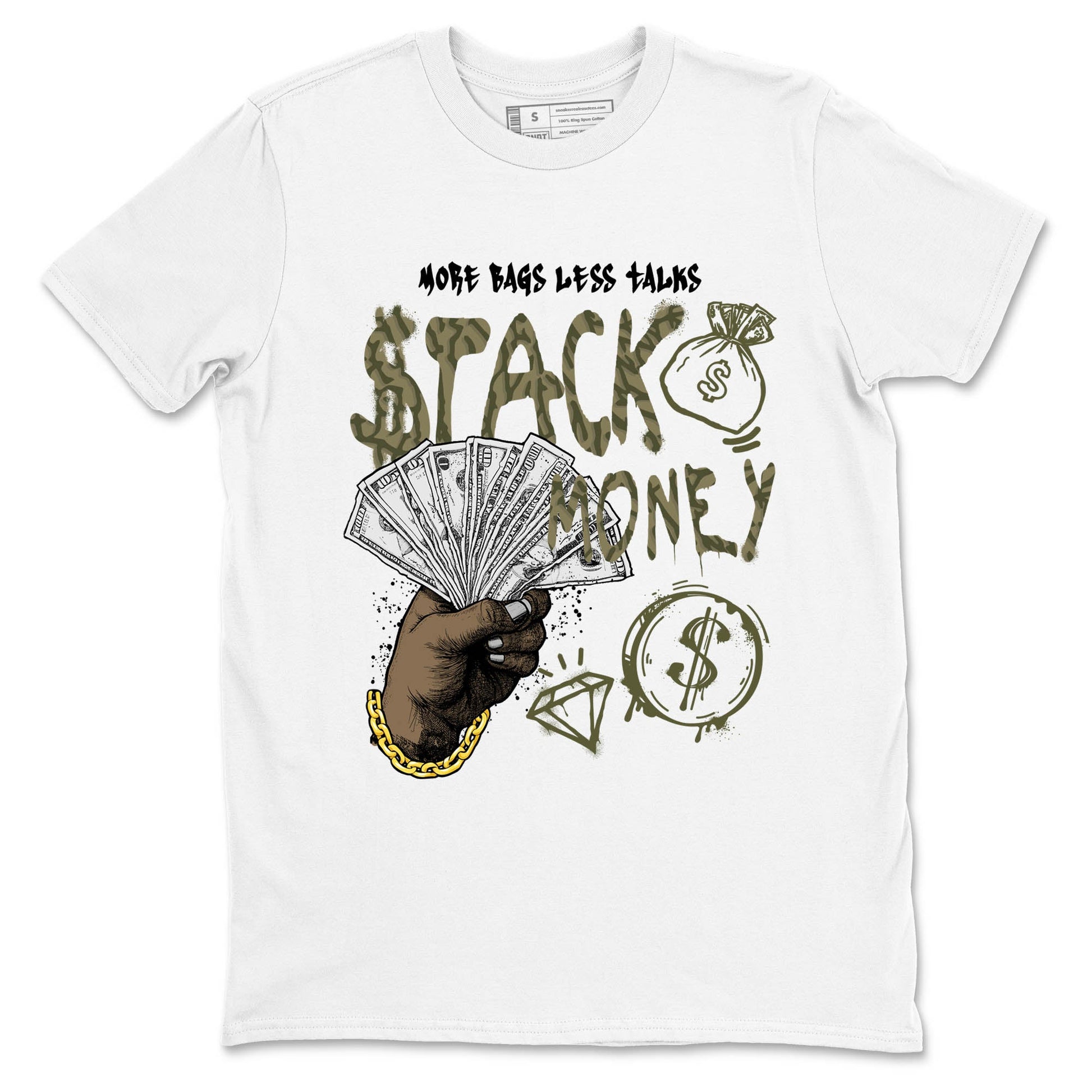 Sneaker Threads – Sneaker Tees To Match Air Jordan 3 Medium Olive – Stack Money Graphic Tee White 2. Perfect for Jordan releases 2025 colorways.