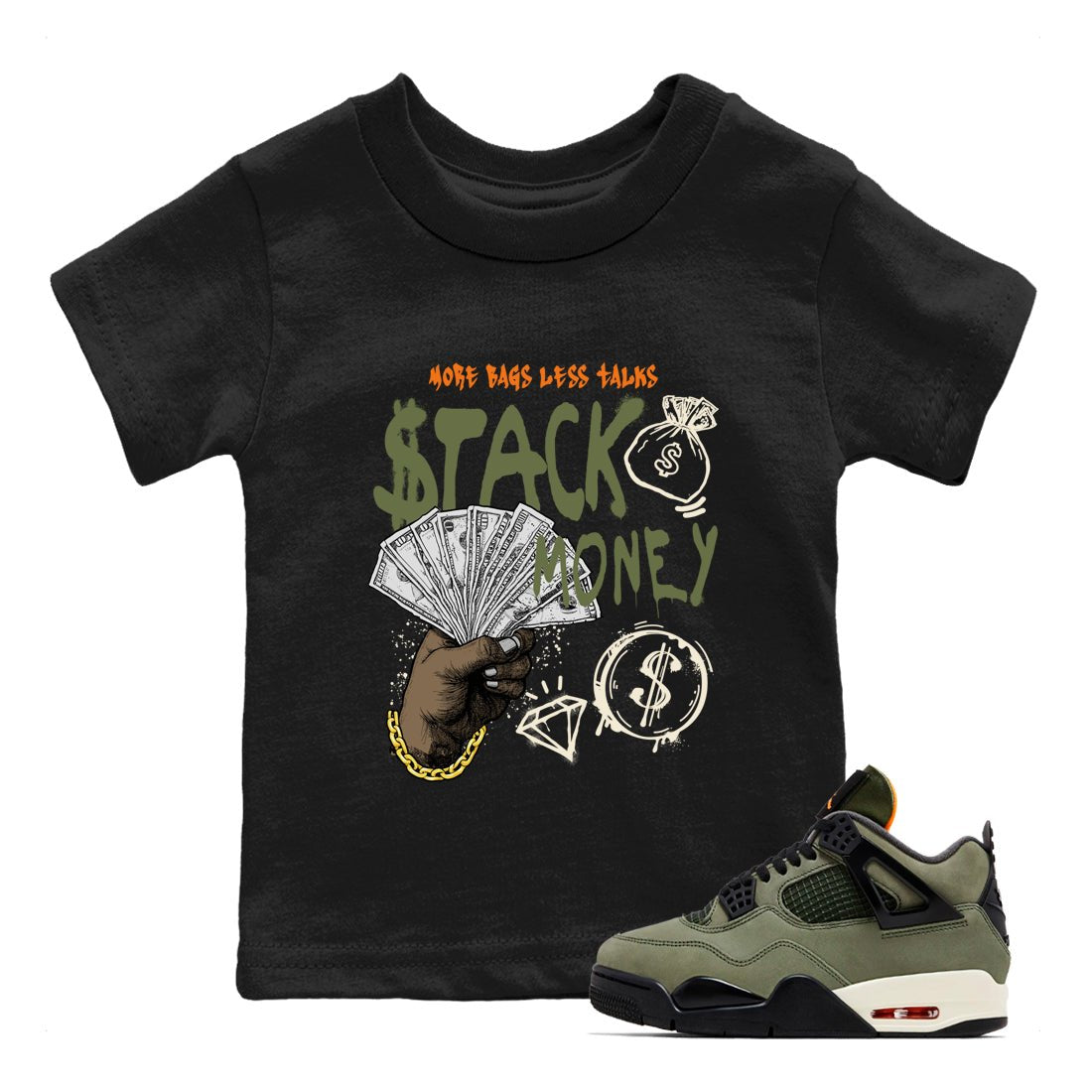 Sneaker match tees – Sneaker Tees To Match Undefeated inspired colorways Air Jordan 4 OG Olive Shoes – Stack Money Kids T-Shirt Black 1