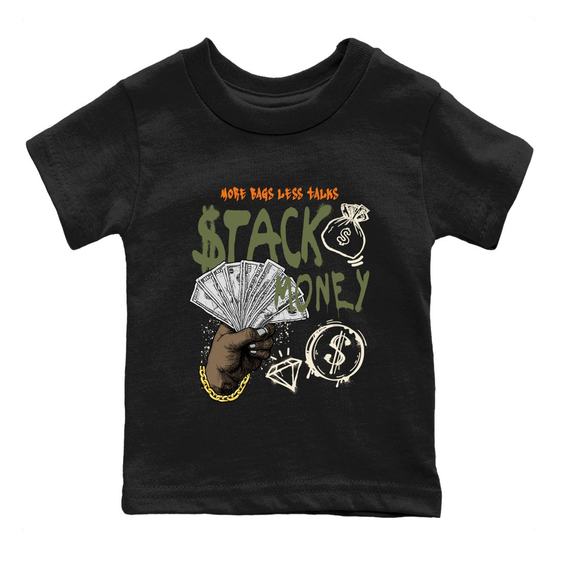 Sneaker match tees – Sneaker Tees To Match Undefeated inspired colorways Air Jordan 4 OG Olive Shoes – Stack Money Kids T-Shirt Black 2