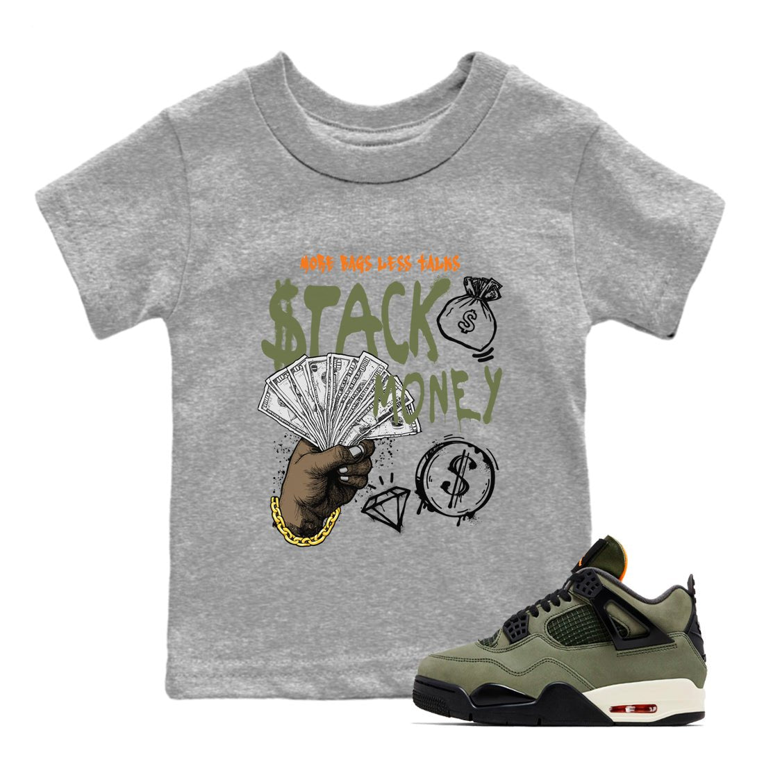 Sneaker match tees – Sneaker Tees To Match Undefeated inspired colorways Air Jordan 4 OG Olive Shoes – Stack Money Kids T-Shirt Heather Grey 1
