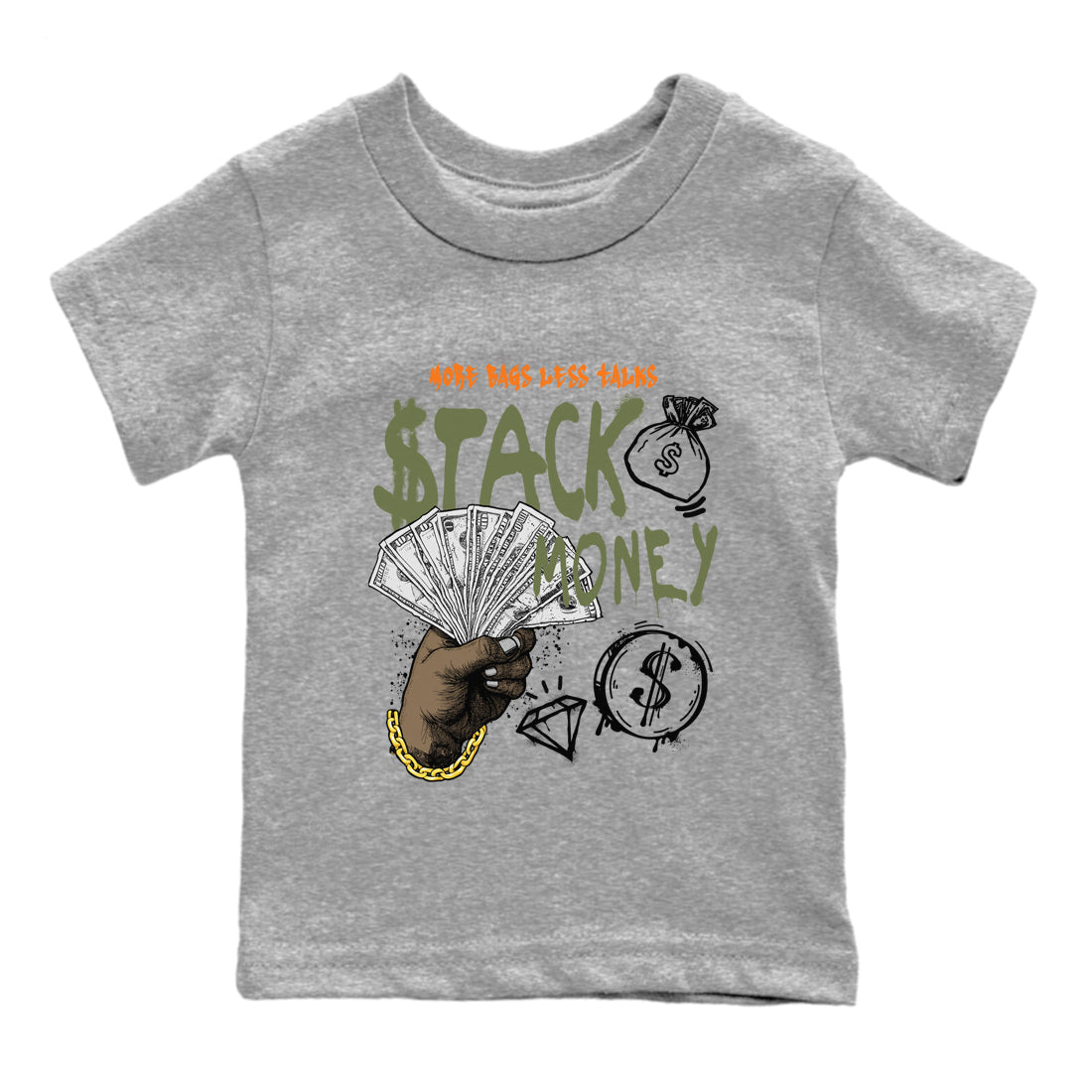 Sneaker match tees – Sneaker Tees To Match Undefeated inspired colorways Air Jordan 4 OG Olive Shoes – Stack Money Kids T-Shirt Heather Grey 2