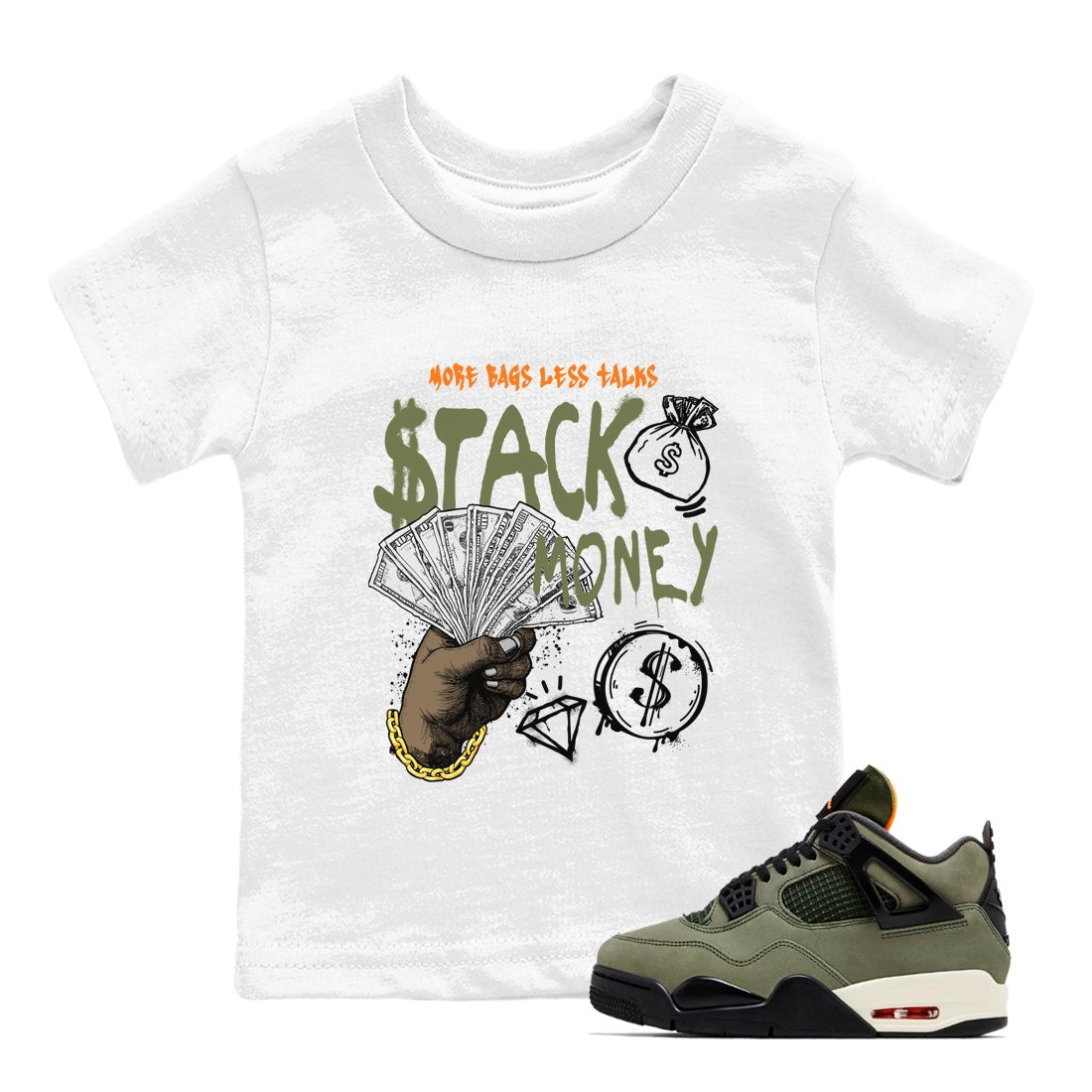 Sneaker match tees – Sneaker Tees To Match Undefeated inspired colorways Air Jordan 4 OG Olive Shoes – Stack Money Kids T-Shirt White 1