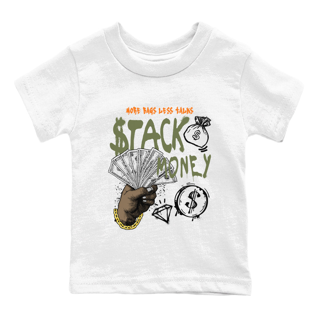 Sneaker match tees – Sneaker Tees To Match Undefeated inspired colorways Air Jordan 4 OG Olive Shoes – Stack Money Kids T-Shirt White 2