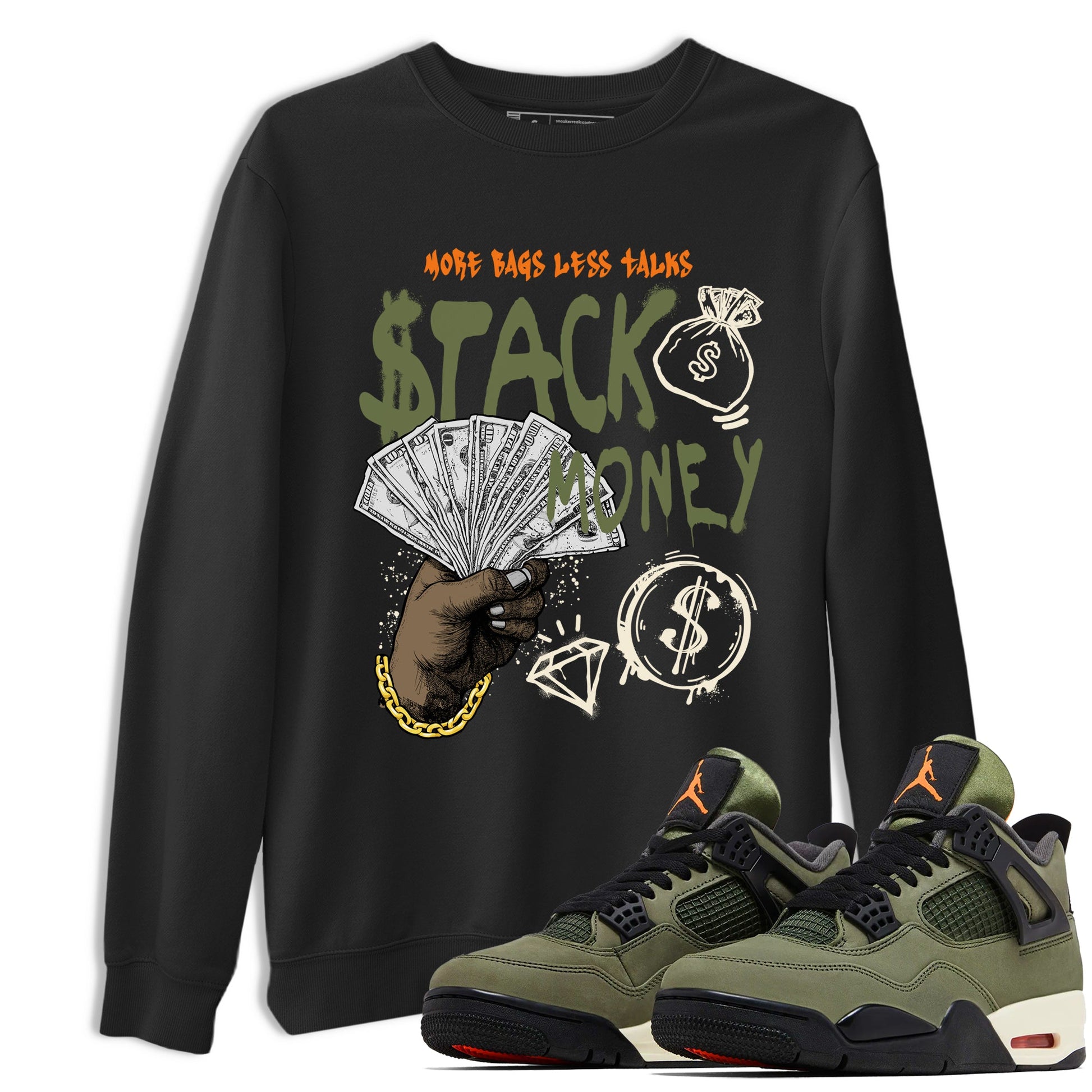 Sneaker match tees – Sneaker Tees To Match Undefeated inspired colorways Air Jordan 4 OG Olive Shoes – Stack Money Tee Black 1