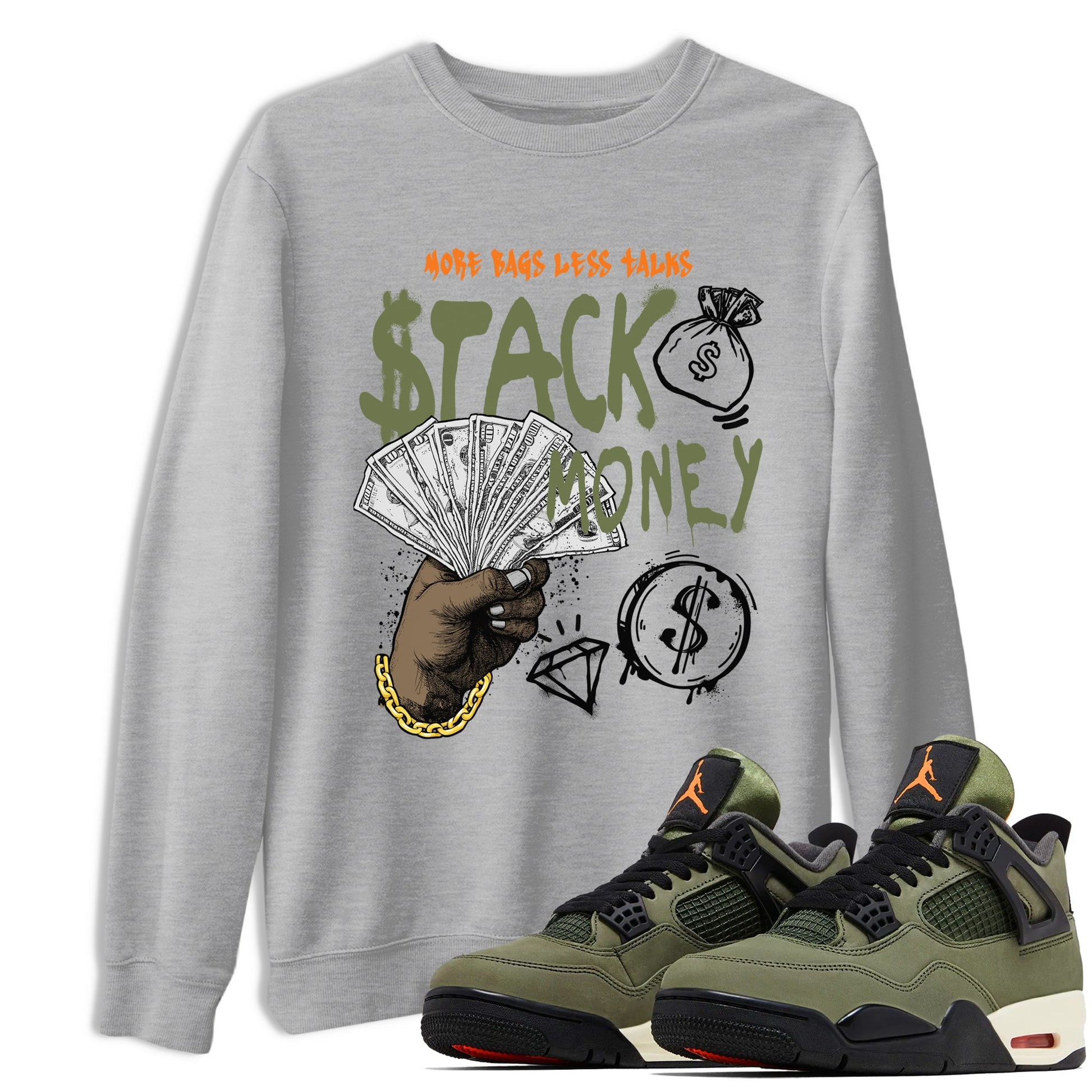 Sneaker match tees – Sneaker Tees To Match Undefeated inspired colorways Air Jordan 4 OG Olive Shoes – Stack Money Tee Heather Grey 1