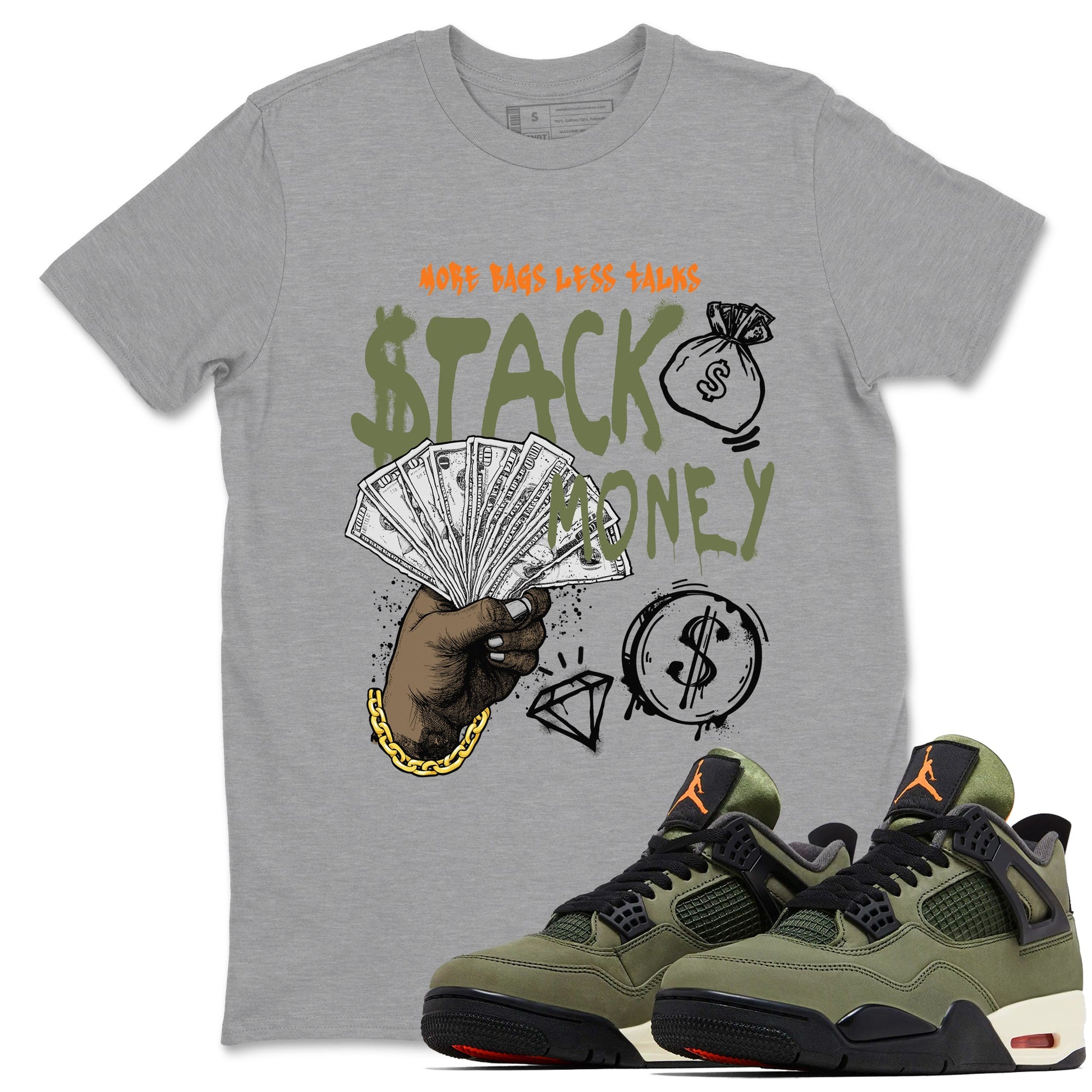 Sneaker match tees – Sneaker Tees To Match Undefeated inspired colorways Air Jordan 4 OG Olive Shoes – Stack Money Tee Heather Grey 1