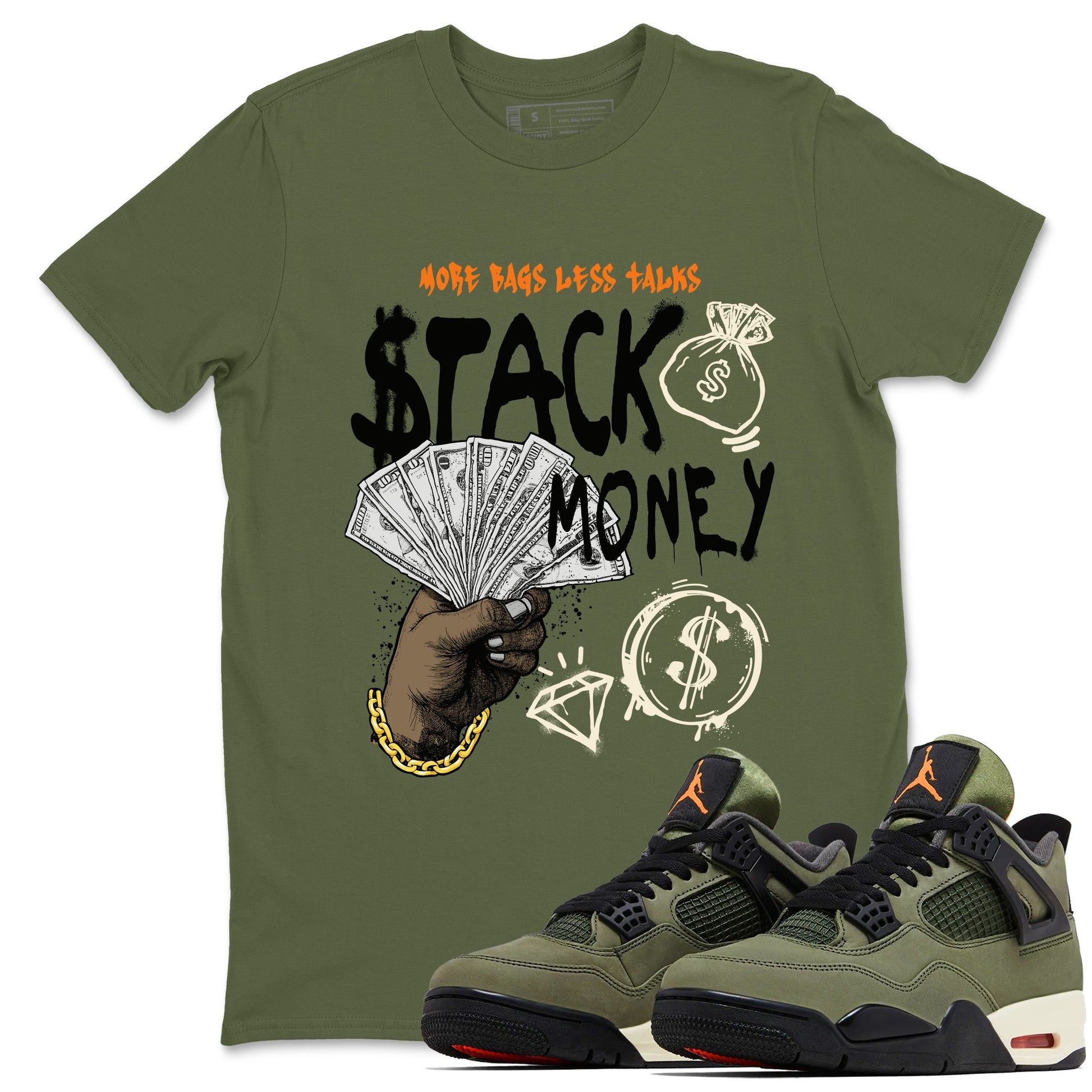 Sneaker match tees – Sneaker Tees To Match Undefeated inspired colorways Air Jordan 4 OG Olive Shoes – Stack Money Tee Military Green 1