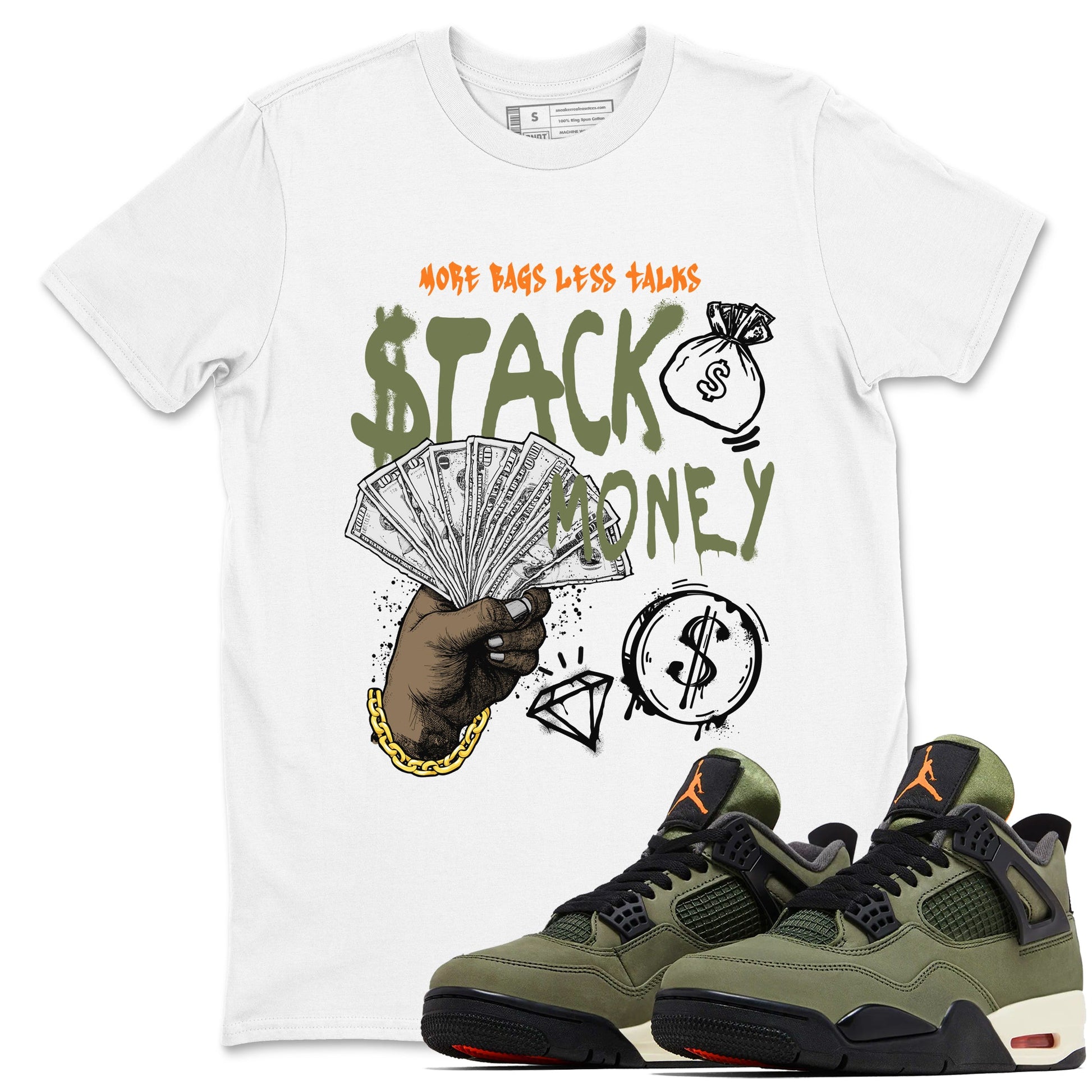 Sneaker match tees – Sneaker Tees To Match Undefeated inspired colorways Air Jordan 4 OG Olive Shoes – Stack Money Tee White 1