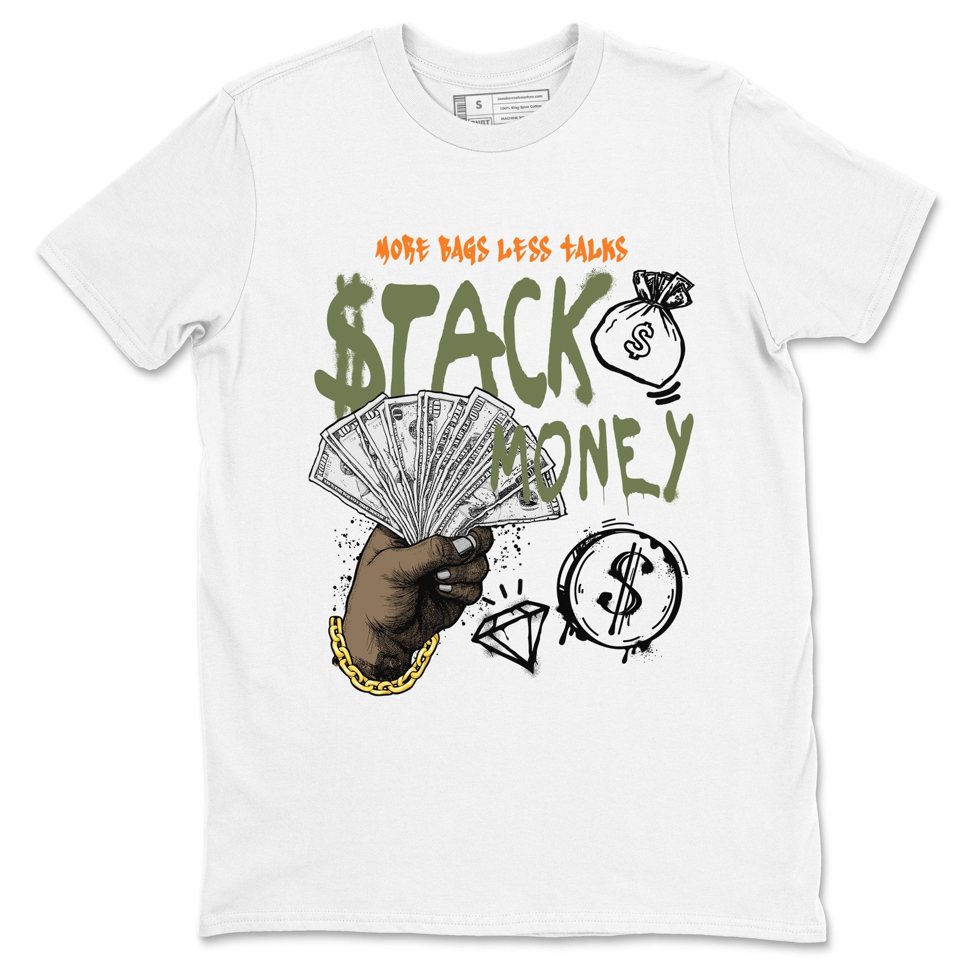 Sneaker match tees – Sneaker Tees To Match Undefeated inspired colorways Air Jordan 4 OG Olive Shoes – Stack Money Tee White 2
