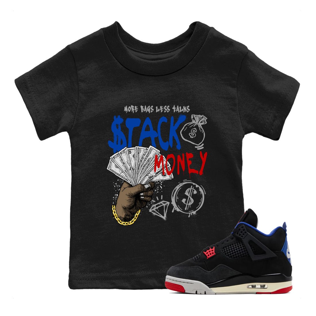Sneaker match tees – Sneaker Tees To Match Air Jordan 4 Rare Air Shoes – Stack Money Kids T-Shirt Black 1