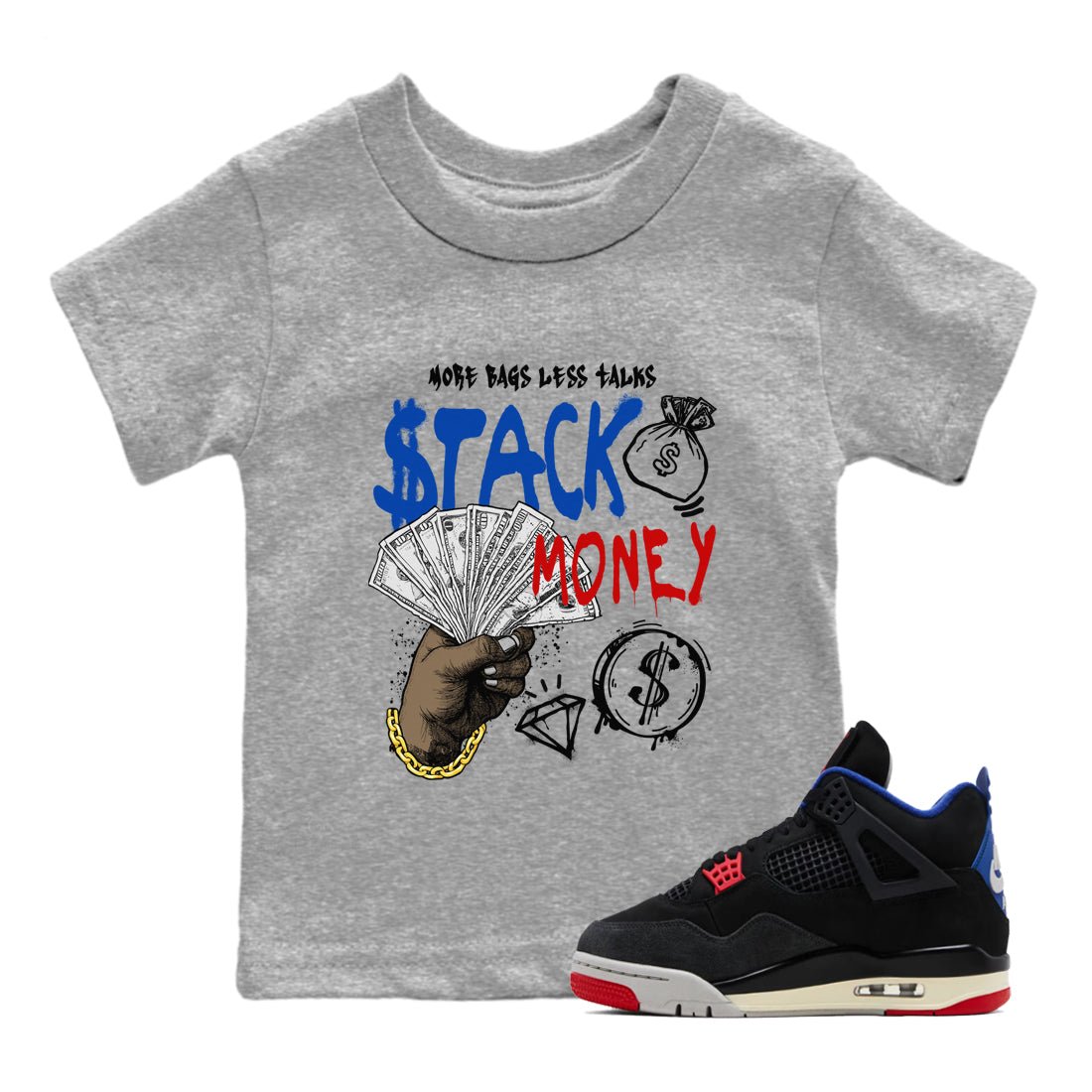 Sneaker match tees – Sneaker Tees To Match Air Jordan 4 Rare Air Shoes – Stack Money Kids T-Shirt Heather Grey 1