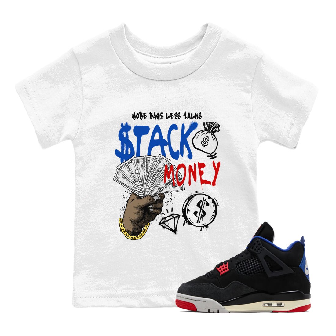Sneaker match tees – Sneaker Tees To Match Air Jordan 4 Rare Air Shoes – Stack Money Kids T-Shirt White 1