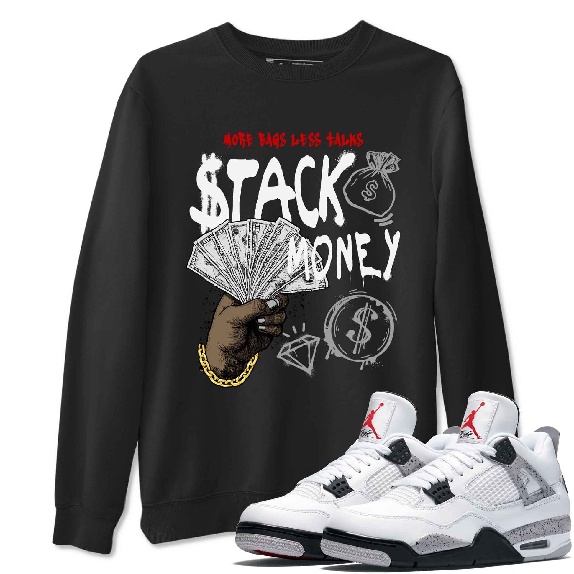 Stack Money sneaker match t-shirt styled to complete your fit with the Air Jordan 4 White Cement sneakers, shown in Black 1.