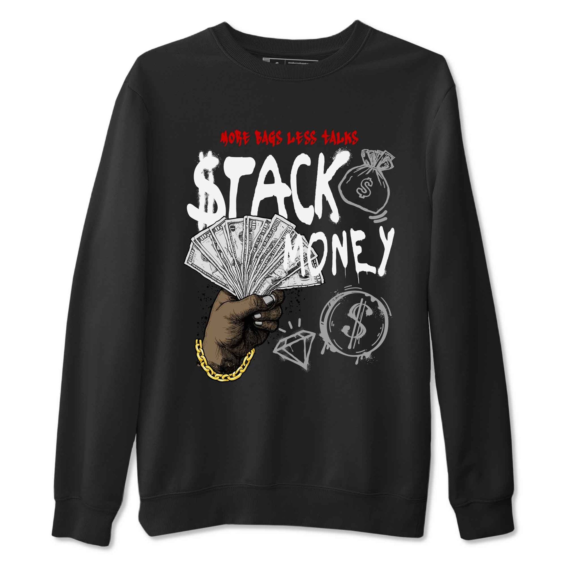 Stack Money sneaker match t-shirt styled to complete your fit with the Air Jordan 4 White Cement sneakers, shown in Black 2.