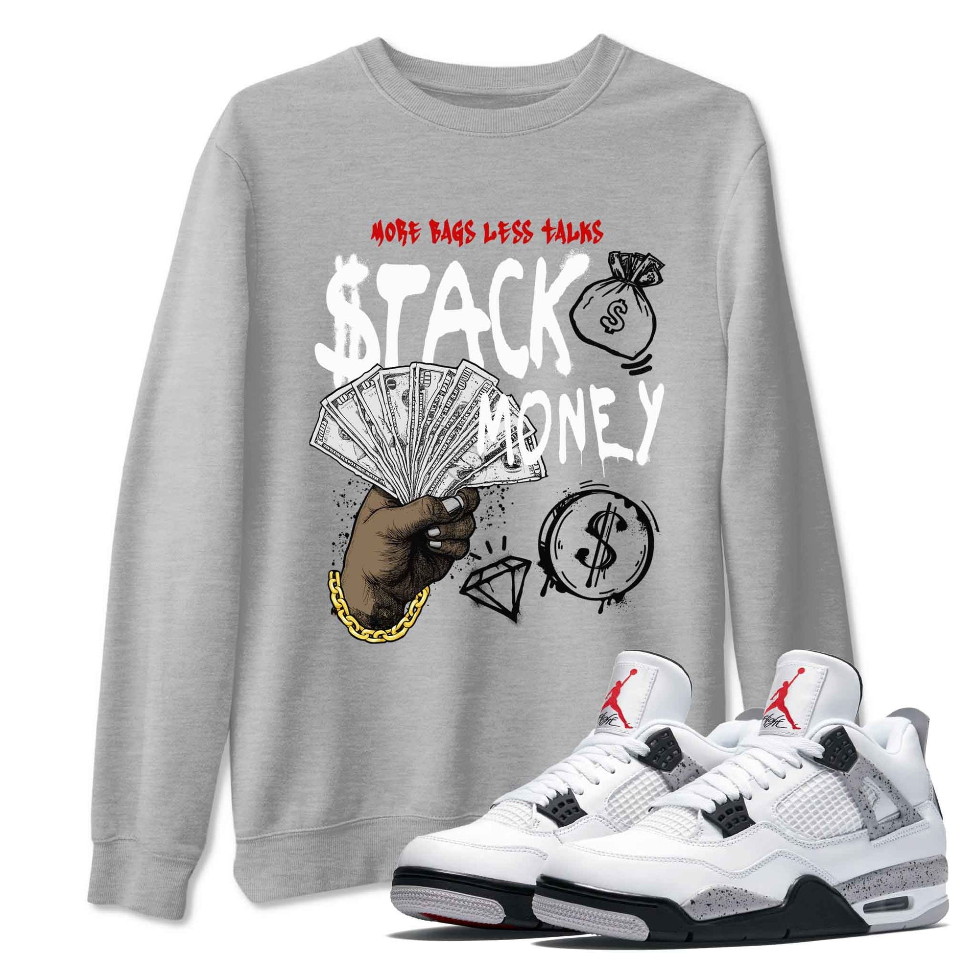 Stack Money sneaker match t-shirt styled to complete your fit with the Air Jordan 4 White Cement sneakers, shown in Heather Grey 1.