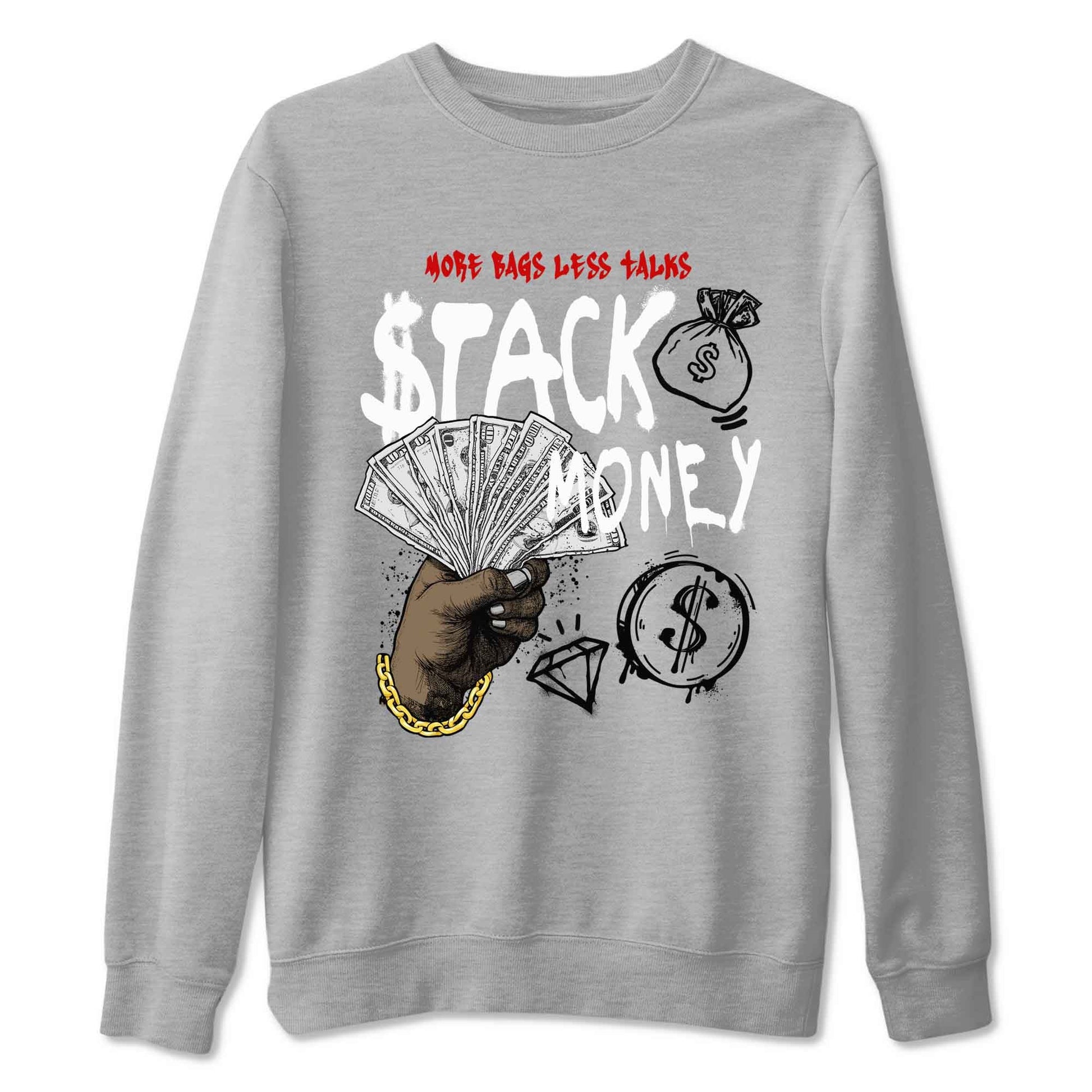 Stack Money sneaker match t-shirt styled to complete your fit with the Air Jordan 4 White Cement sneakers, shown in Heather Grey 2.