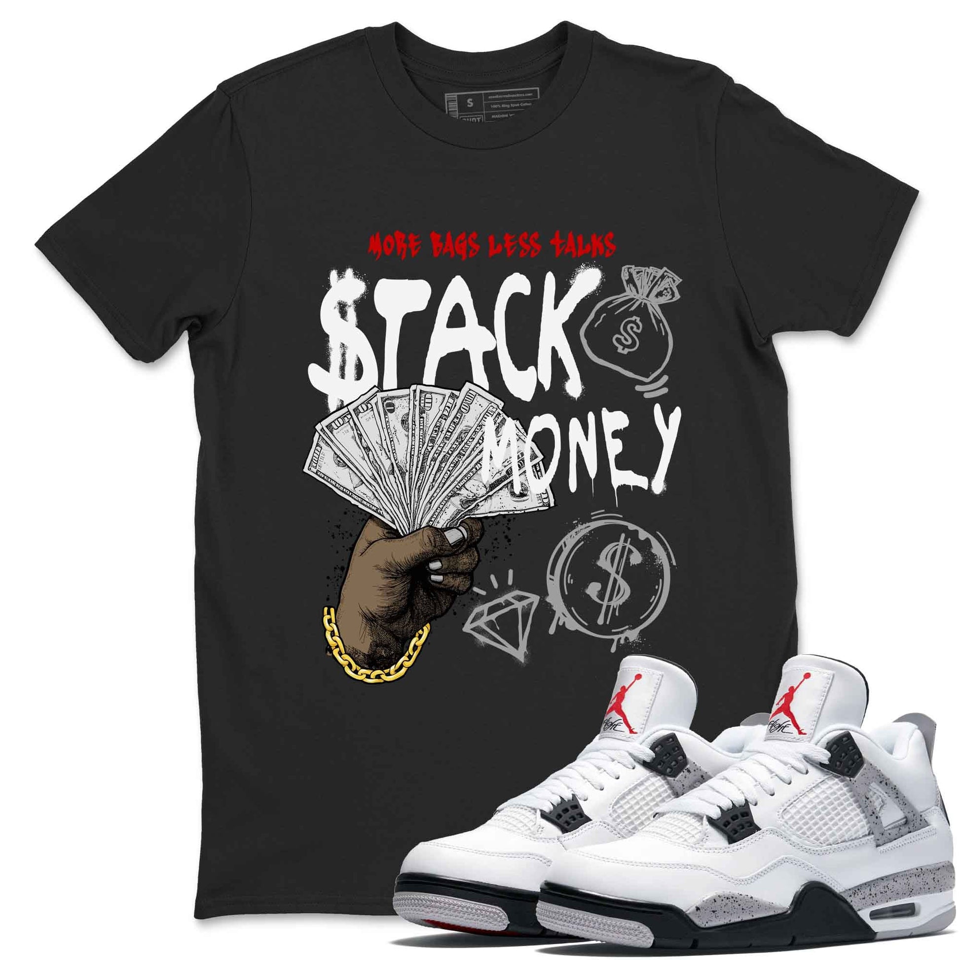 Stack Money sneaker match t-shirt styled to complete your fit with the Air Jordan 4 White Cement sneakers, shown in Black 1.