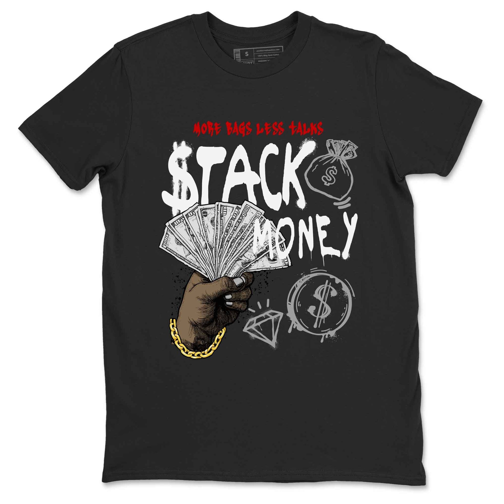 Stack Money sneaker match t-shirt styled to complete your fit with the Air Jordan 4 White Cement sneakers, shown in Black 2.