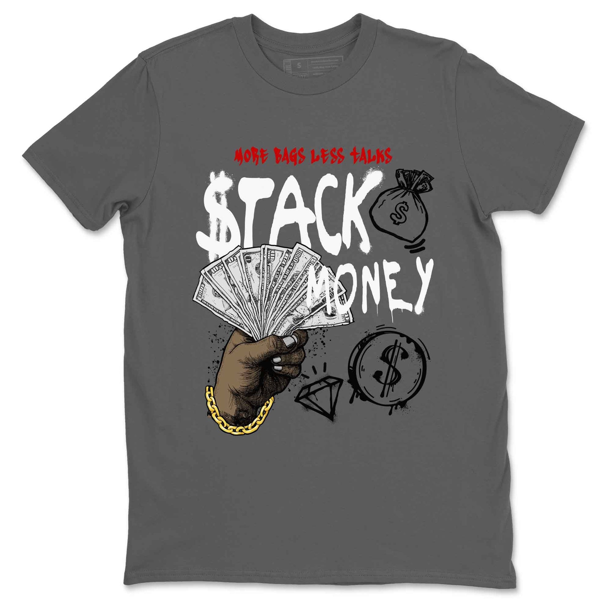 Stack Money sneaker match t-shirt styled to complete your fit with the Air Jordan 4 White Cement sneakers, shown in Cool Grey 2.