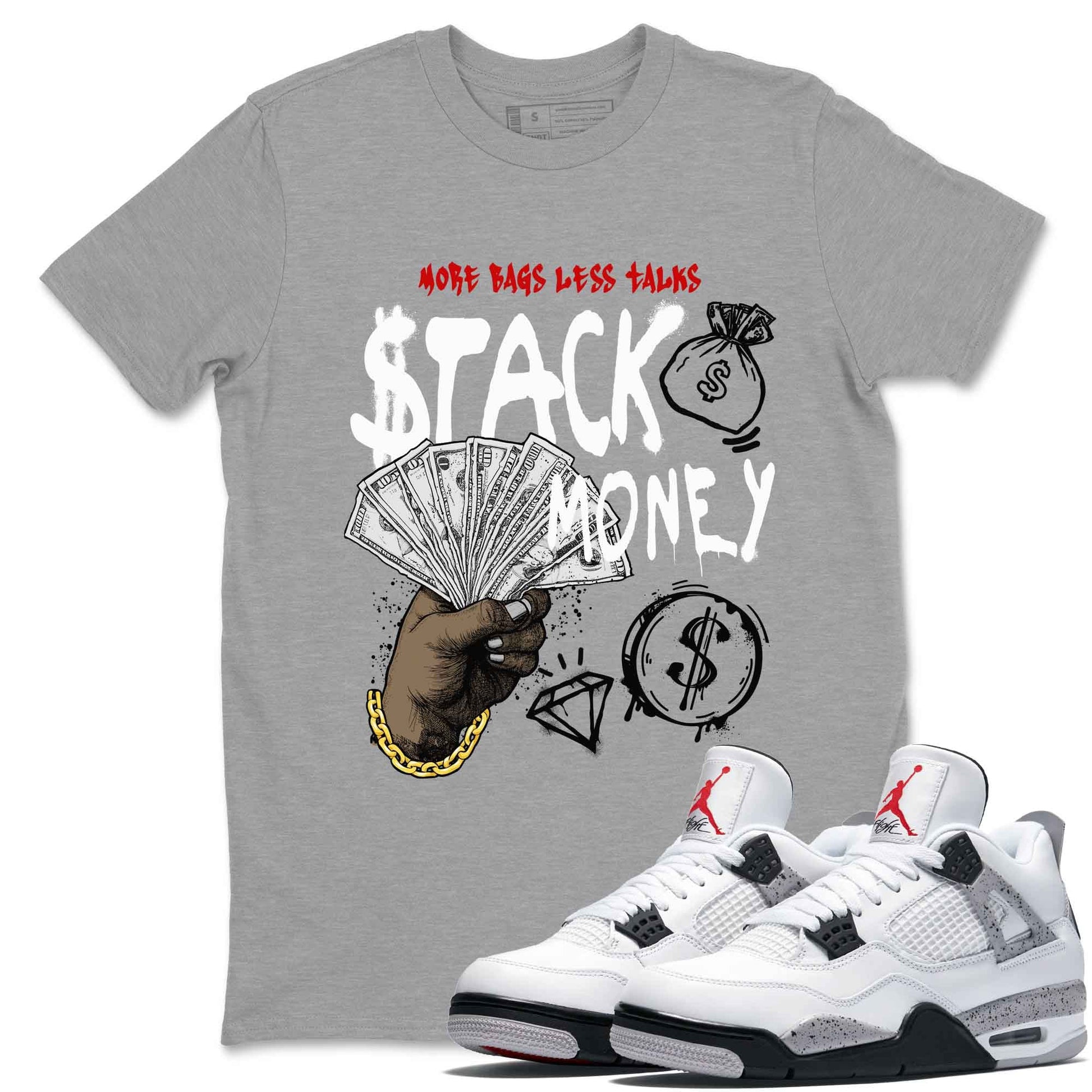 Stack Money sneaker match t-shirt styled to complete your fit with the Air Jordan 4 White Cement sneakers, shown in Heather Grey 1.